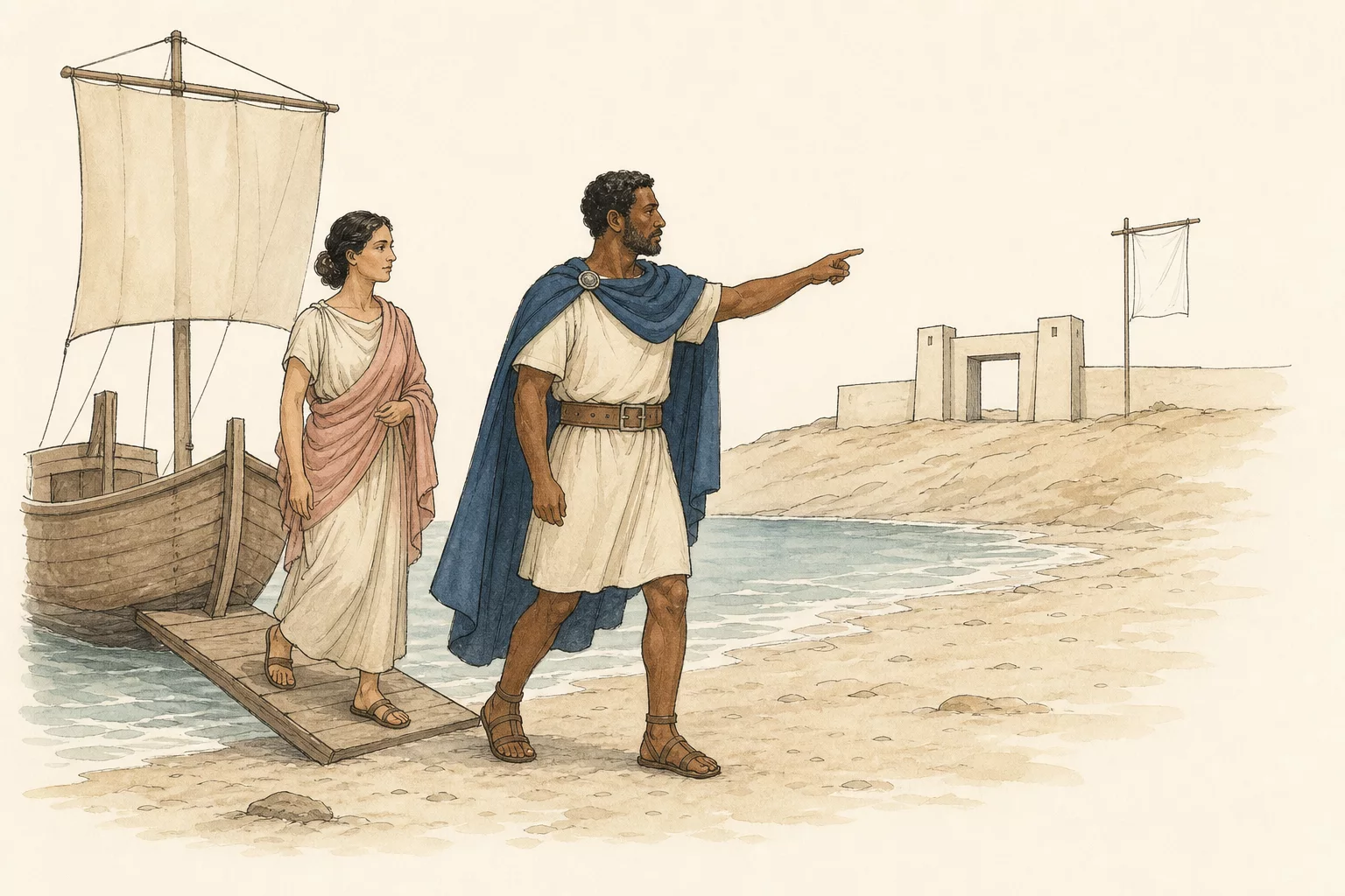 Othellus steps from a Roman ship and points toward a victory signal while Desdemona follows him onto the shore of Cyprus.