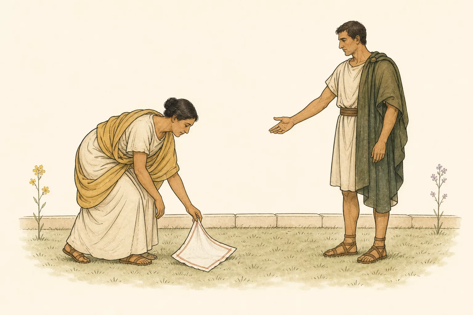 Emilia lifts a white handkerchief from the grass while Iagus reaches toward it from several steps away.