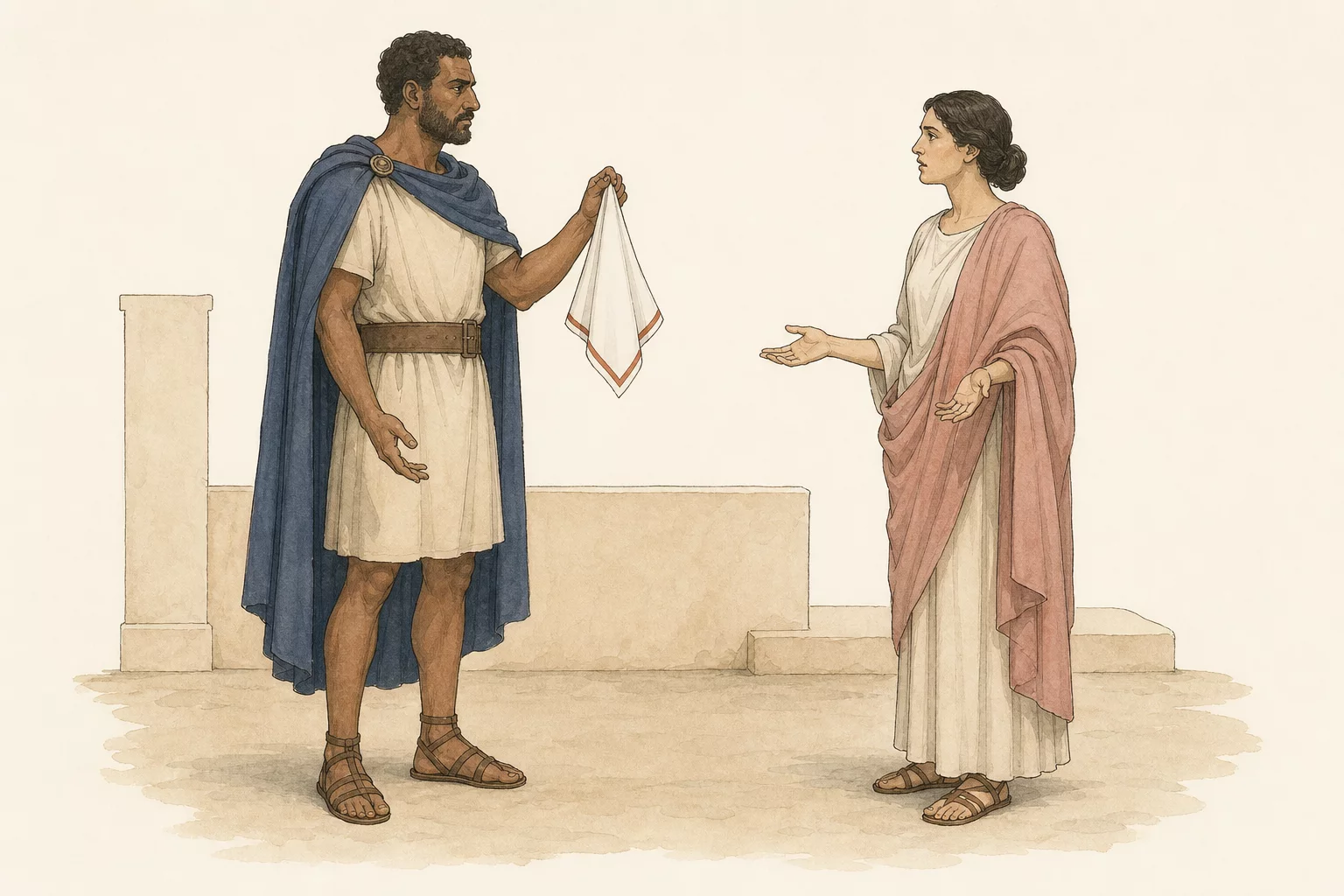 Othellus holds up the white handkerchief as Desdemona answers him with both empty hands open.