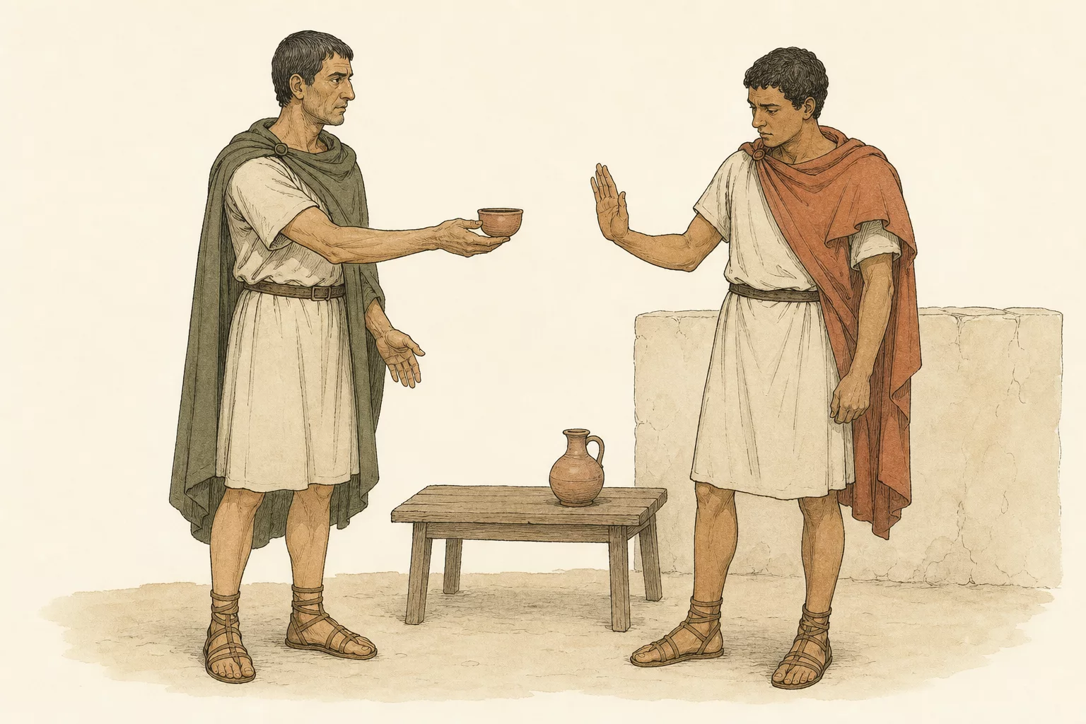 Iagus offers Cassius a cup of wine beside a low table while Cassius raises one hand in refusal.