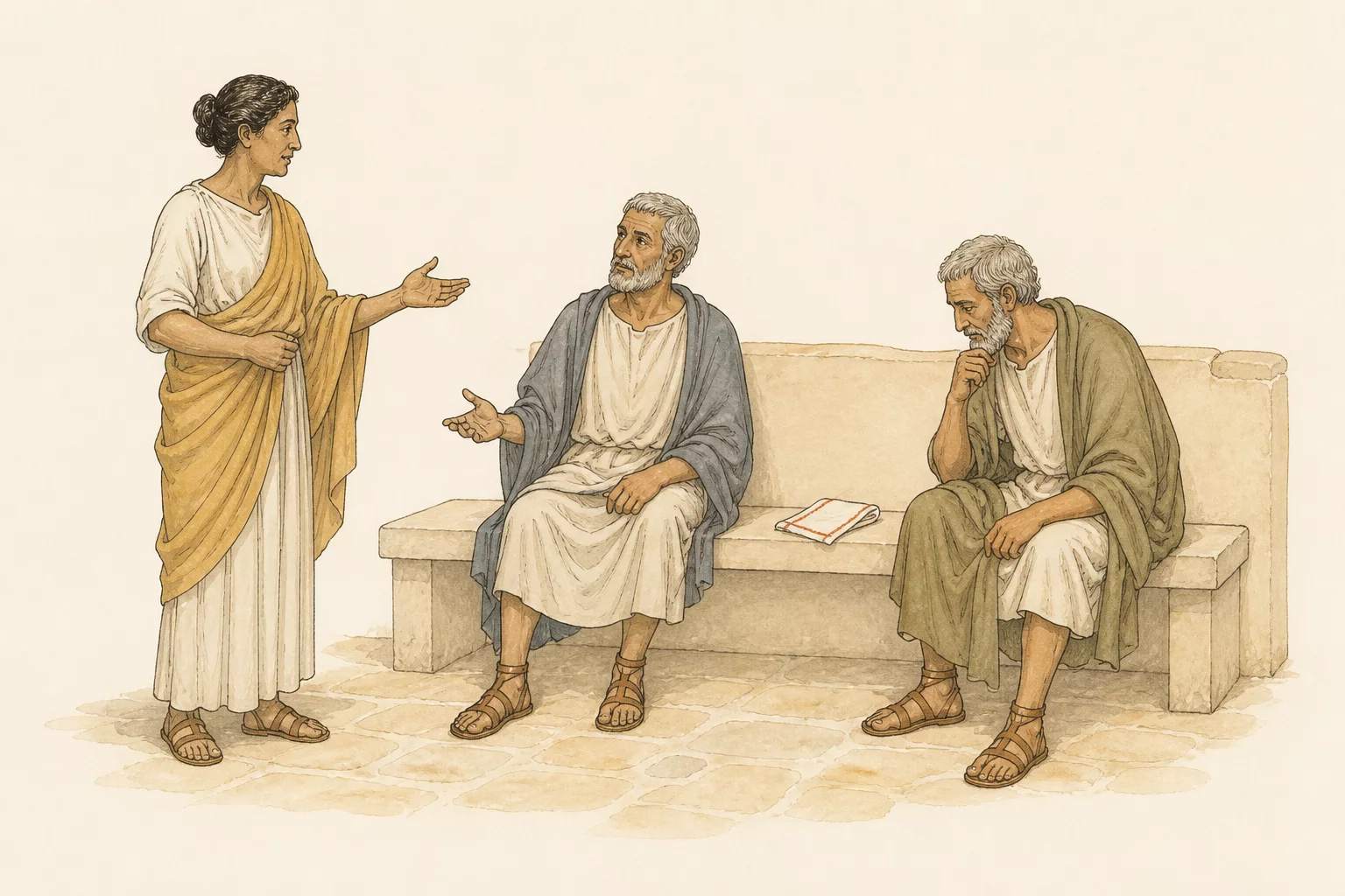 Emilia addresses two seated elder citizens in a sparse Cypriot forum.