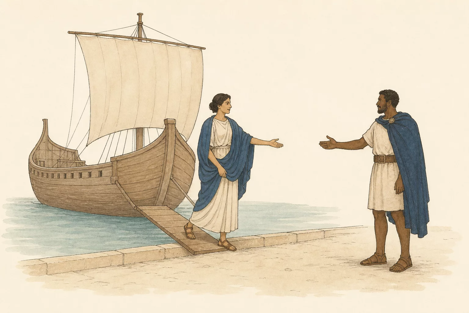 Portia steps from a large Roman merchant ship and greets Othellus on the Cypriot shore.