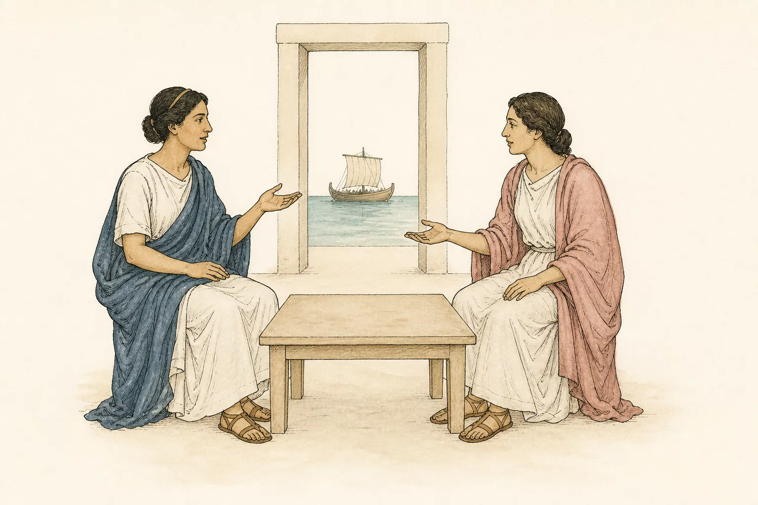 Portia and Desdemona exchange stories beside a low table while a small waiting ship is visible beyond the villa threshold.