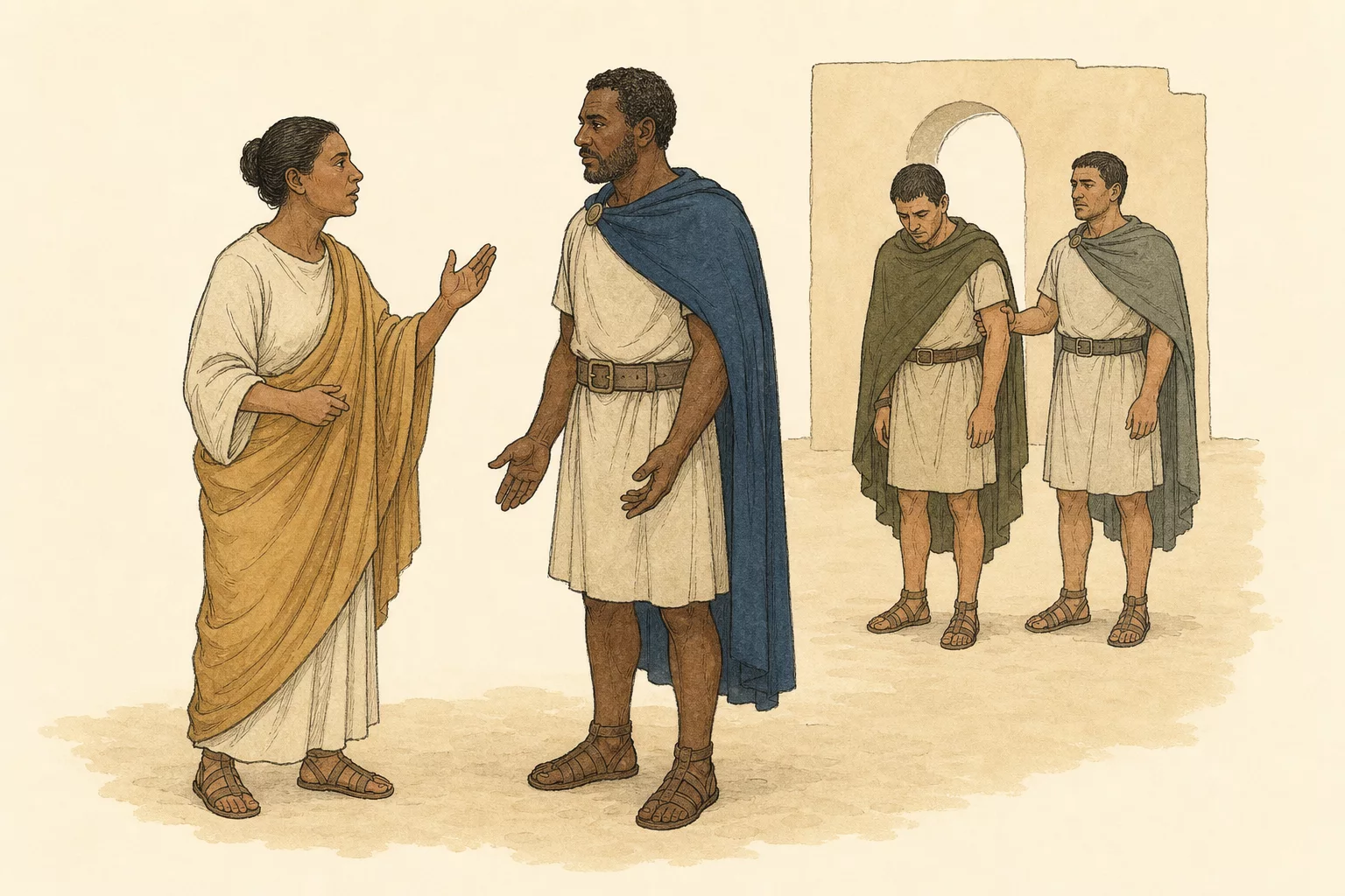 Emilia speaks firmly to Othellus while one guard stands beside Iagus at a distance near the city gate.