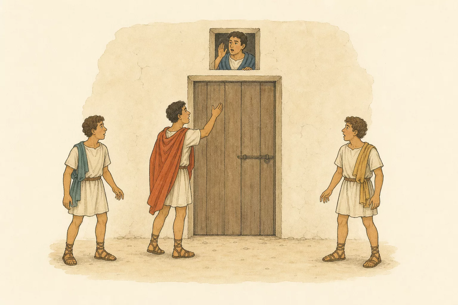 Antipholus appears at a small opening above a closed door while Solinus and the two nearly identical servants stand outside.