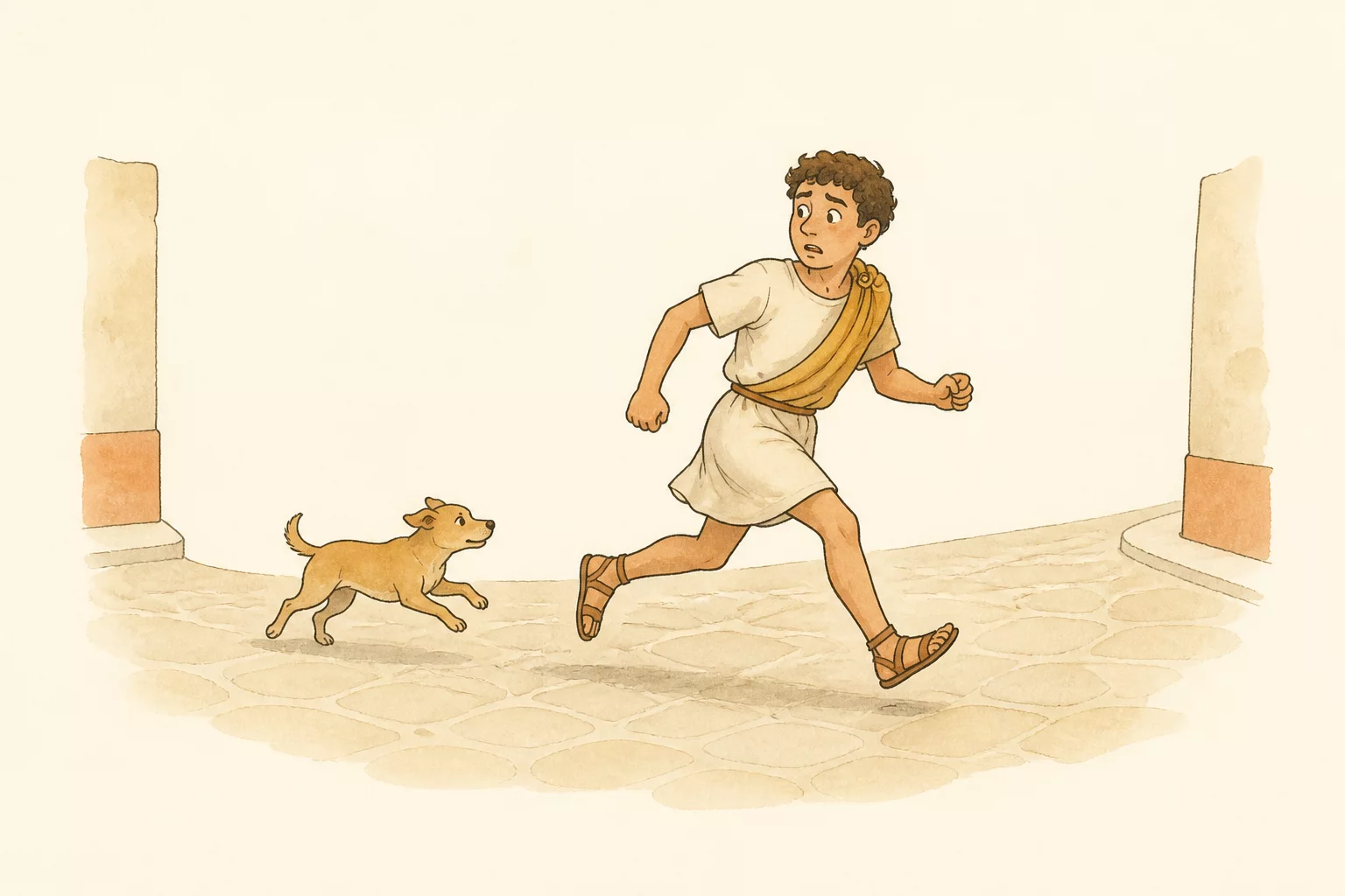Balthasarus runs down an Ephesian street on an errand while Adriana’s small dog follows close behind him.