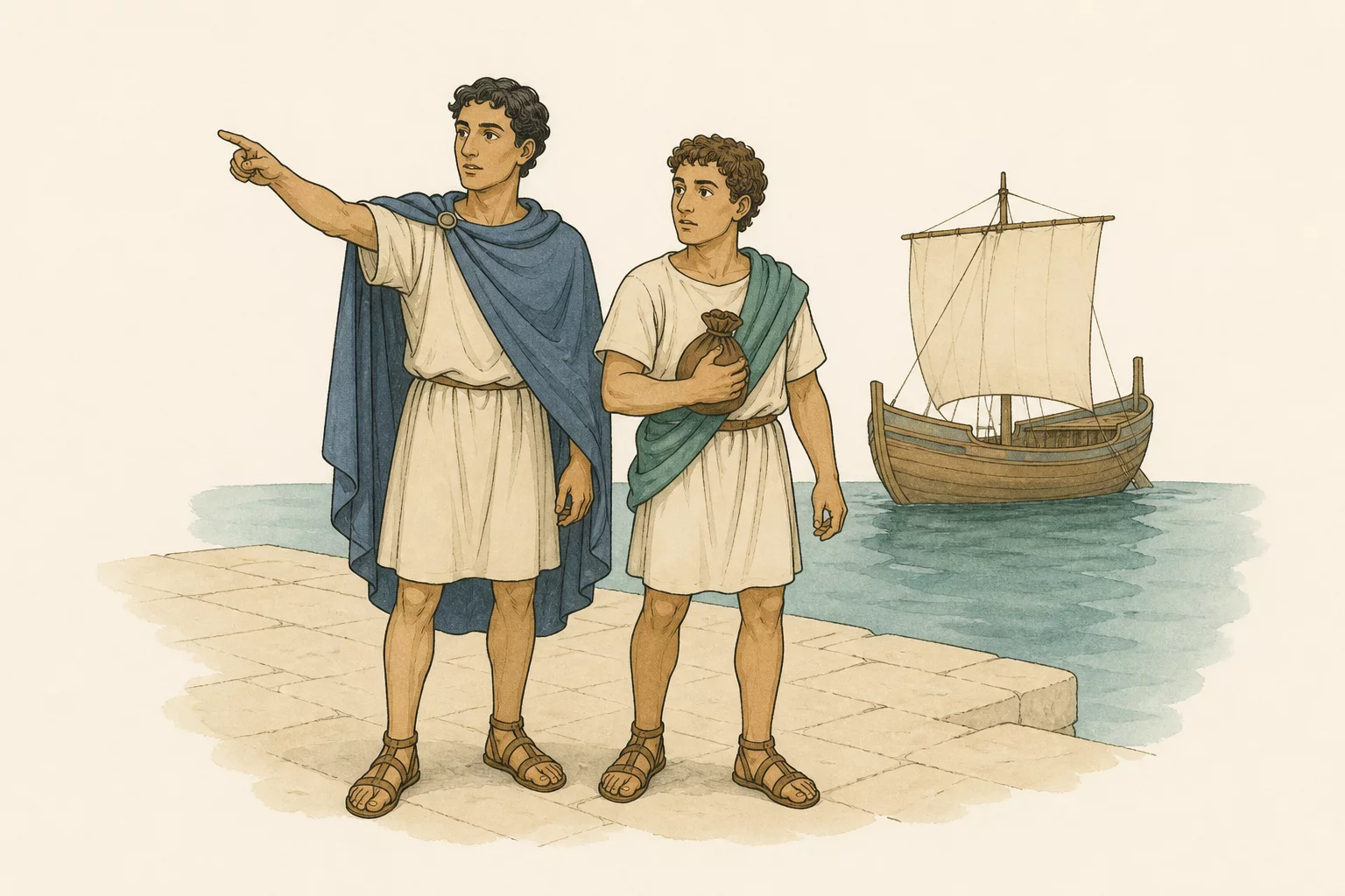 Antipholus points into Ephesus while Dromius carries their purse beside a small Roman merchant ship in the harbour.