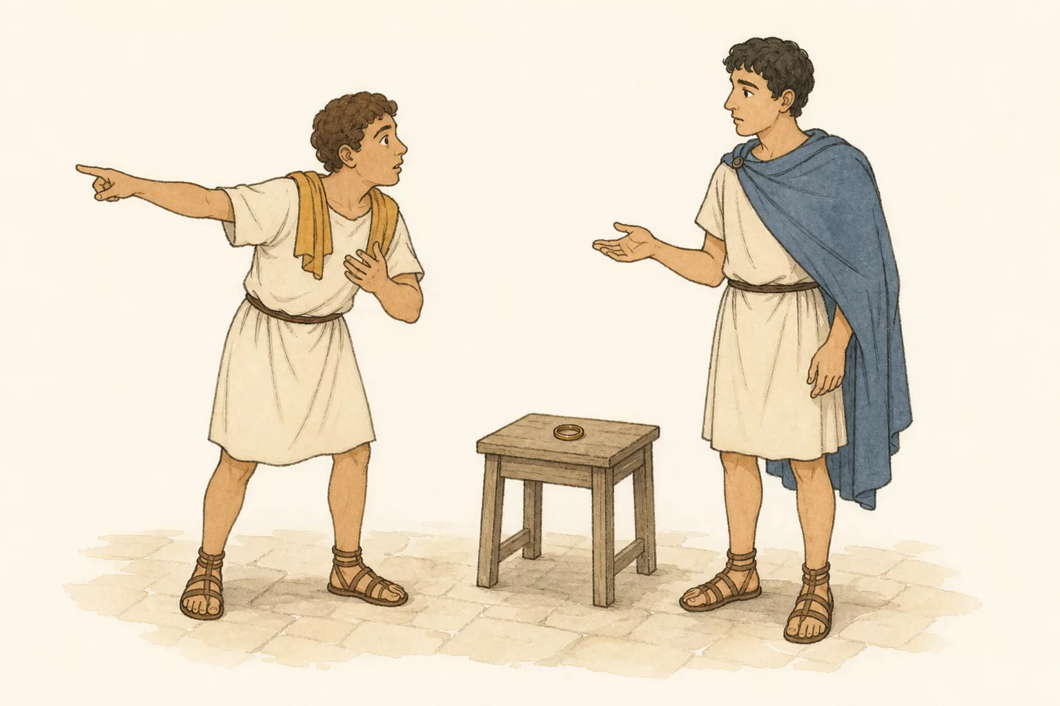 Balthasarus addresses the travelling Antipholus as his master beside a ring seller’s table in the Ephesian forum.
