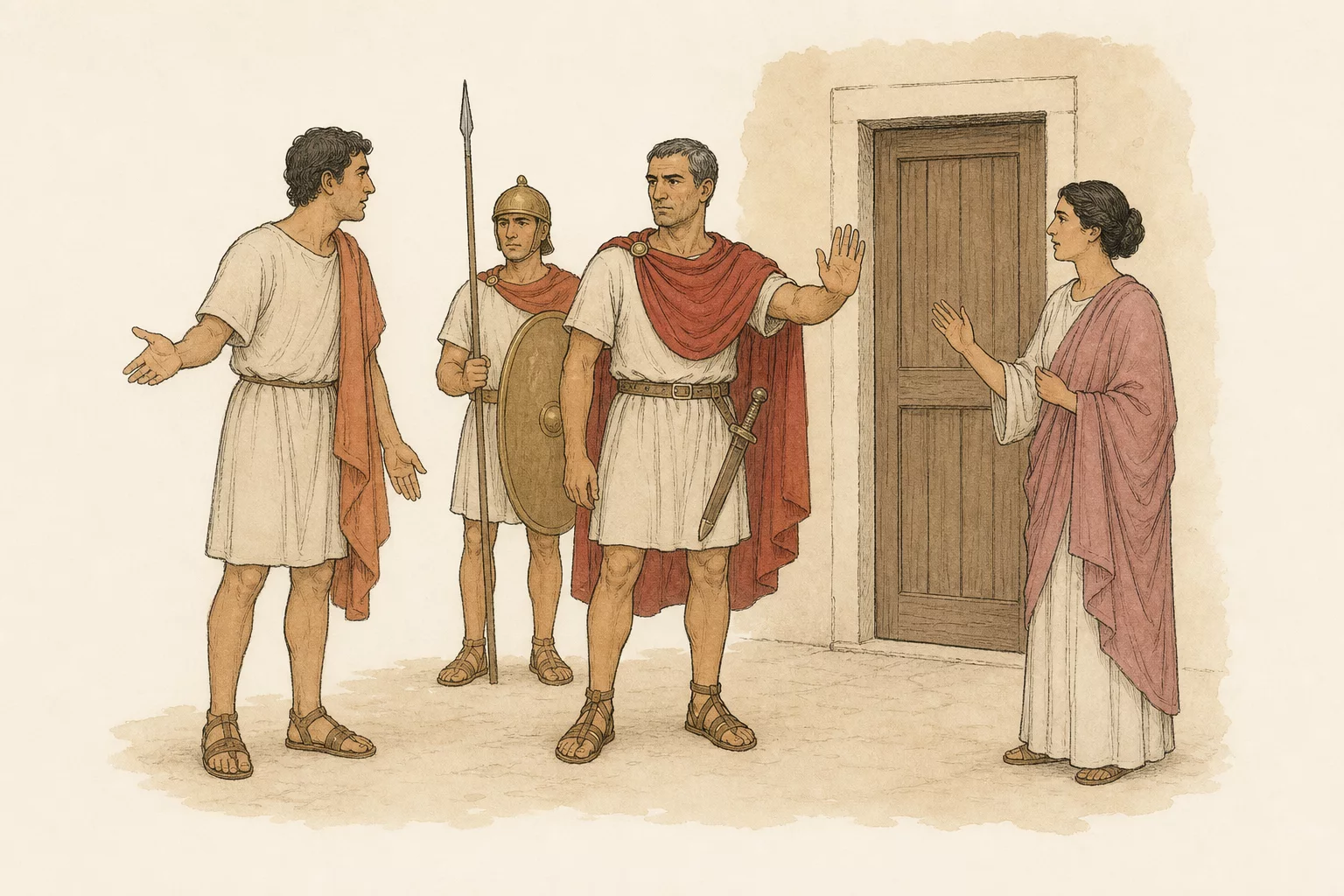 A centurion raises one open hand between Solinus and Adriana before the closed Ephesian house door while one soldier waits behind him.