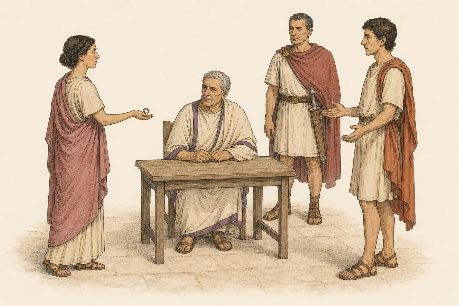 An Ephesian magistrate listens from a plain chair while Adriana presents the ring and Solinus raises his empty hands before one centurion.