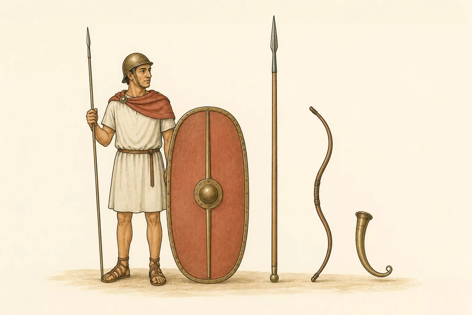 A Roman soldier presents a broad shield and light javelin while a spear, bow and signaling horn rest separately beside him.