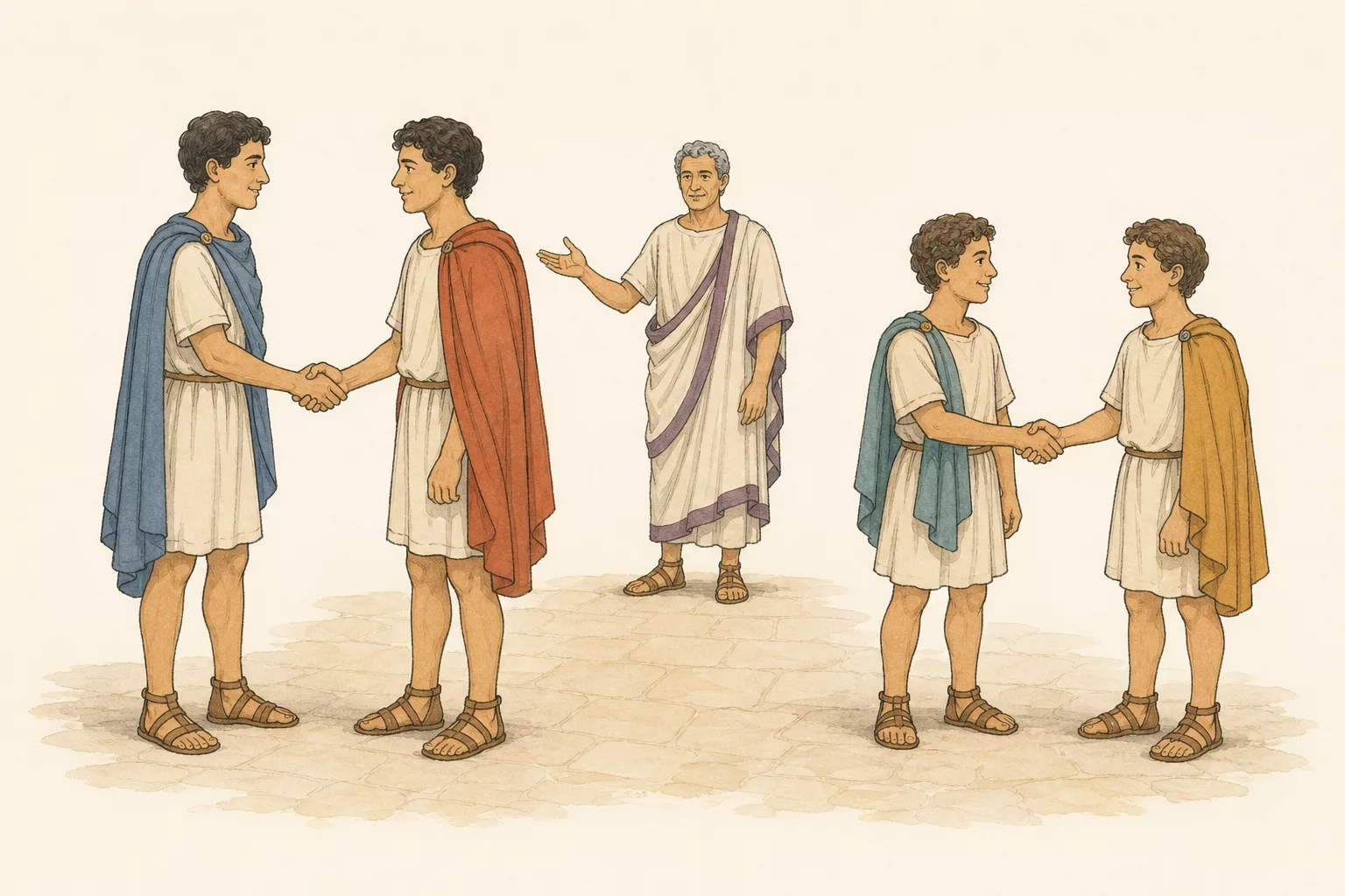 Antipholus and Solinus clasp right hands while Dromius and Balthasarus mirror them nearby as the magistrate watches.