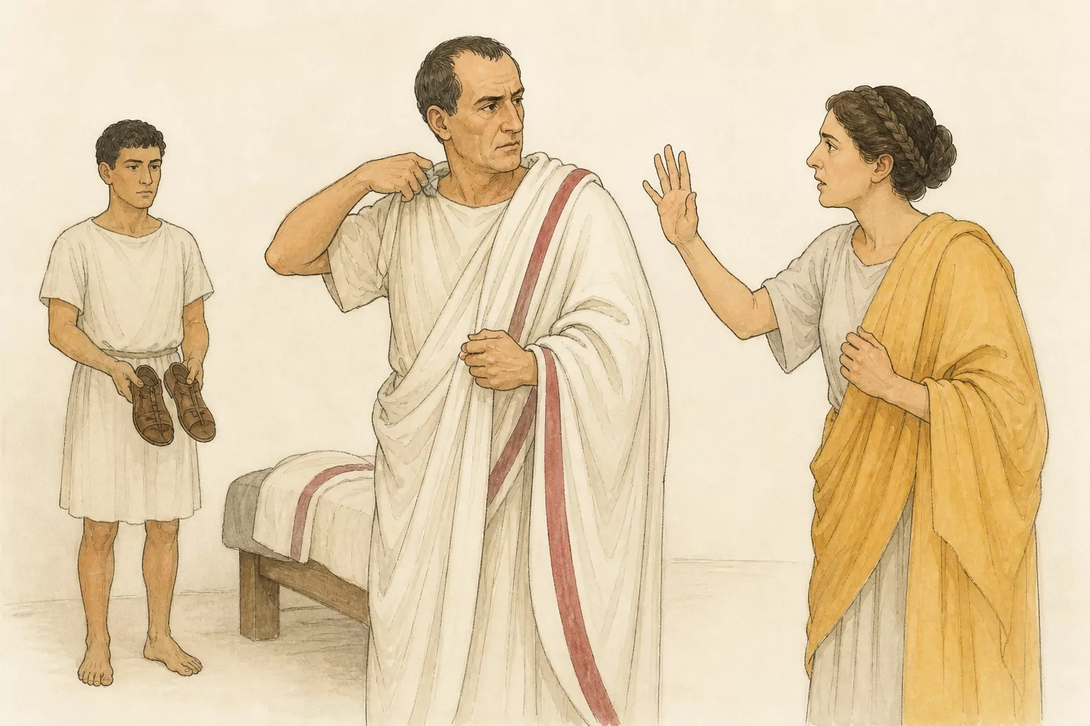Caesar puts on his toga while Calpurnia warns him and one servant waits with a pair of shoes in a sparse Roman room.
