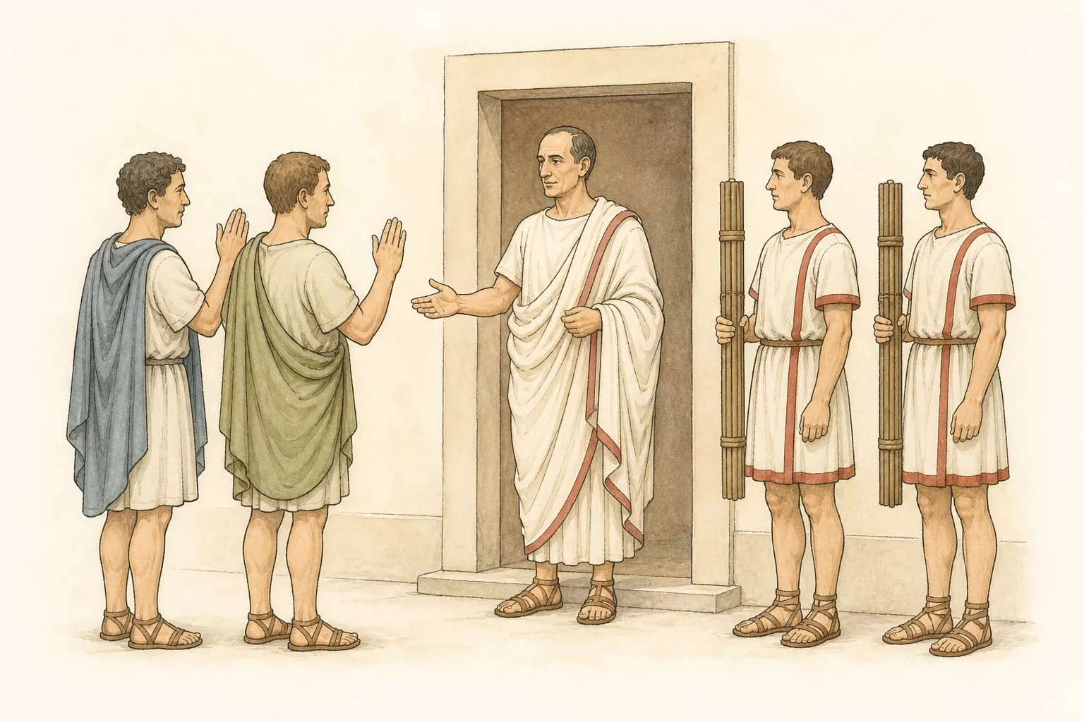Caesar greets two clients at his doorway while two lictors wait outside carrying plain bundles of rods.