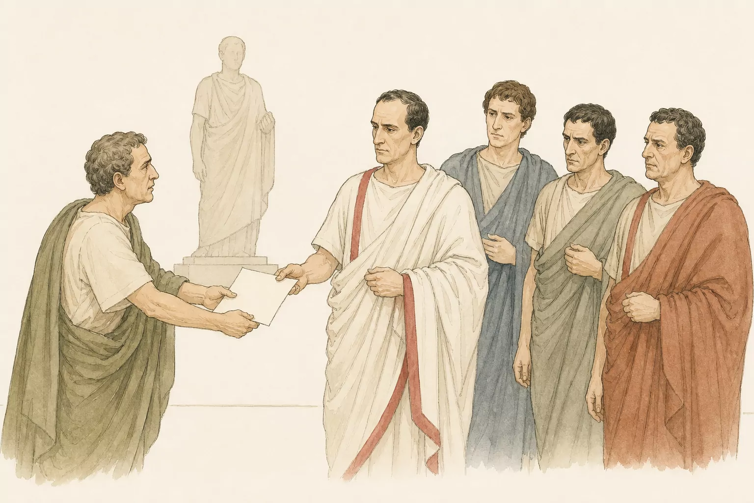Metellus presents a small blank petition to Caesar inside the Curia while Brutus, Longinus and Casca wait in a restrained semicircle near a statue.