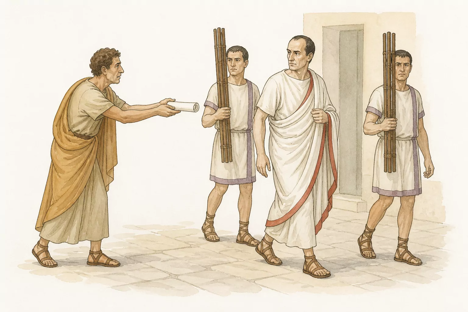 Artemidorus holds out one blank scroll toward Caesar as Caesar walks between two lictors carrying bundles of rods.