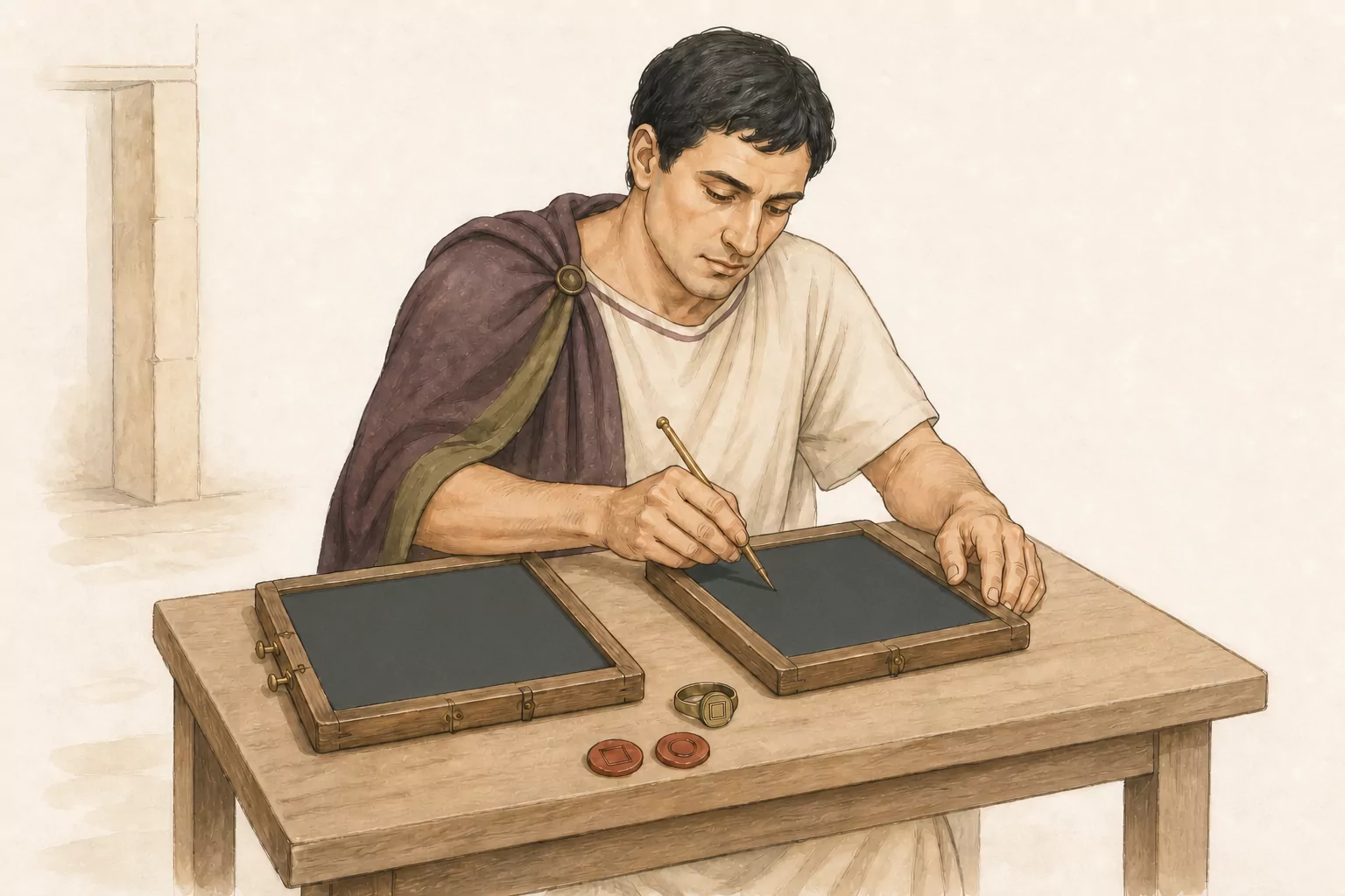 Rufinus works over two blank wax tablets while a stylus, seal ring and two different seal impressions remain clearly visible.
