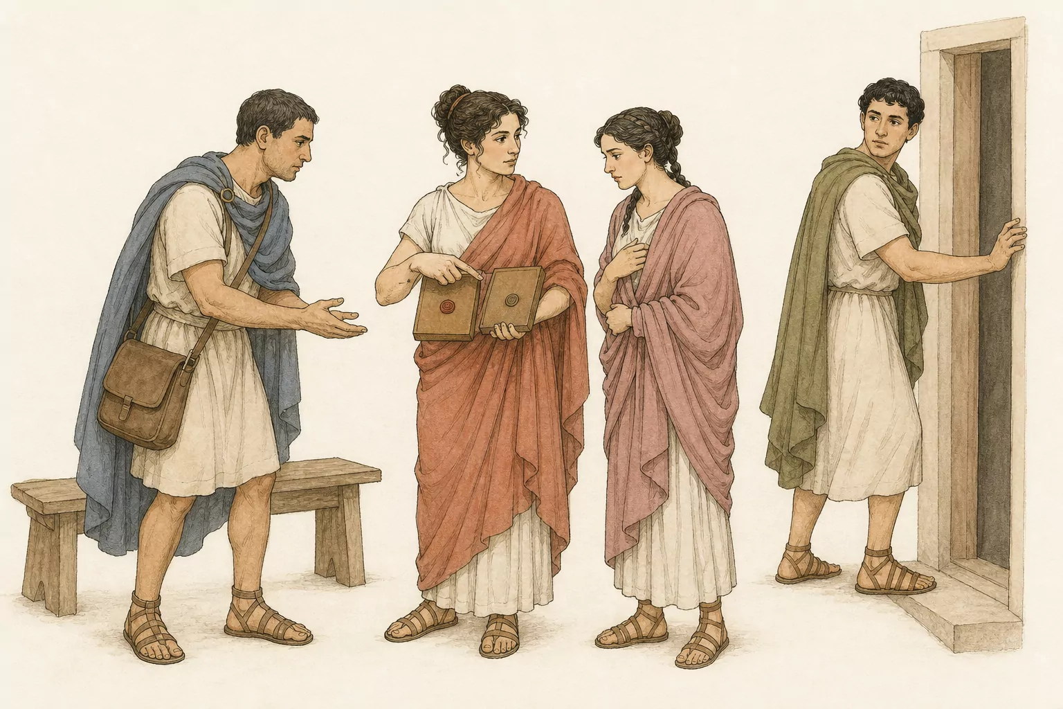 Valeria compares two wax tablets with visibly different blank seal impressions while Fabia watches, Crispus prepares a courier bag, and Marcellus turns toward the doorway.