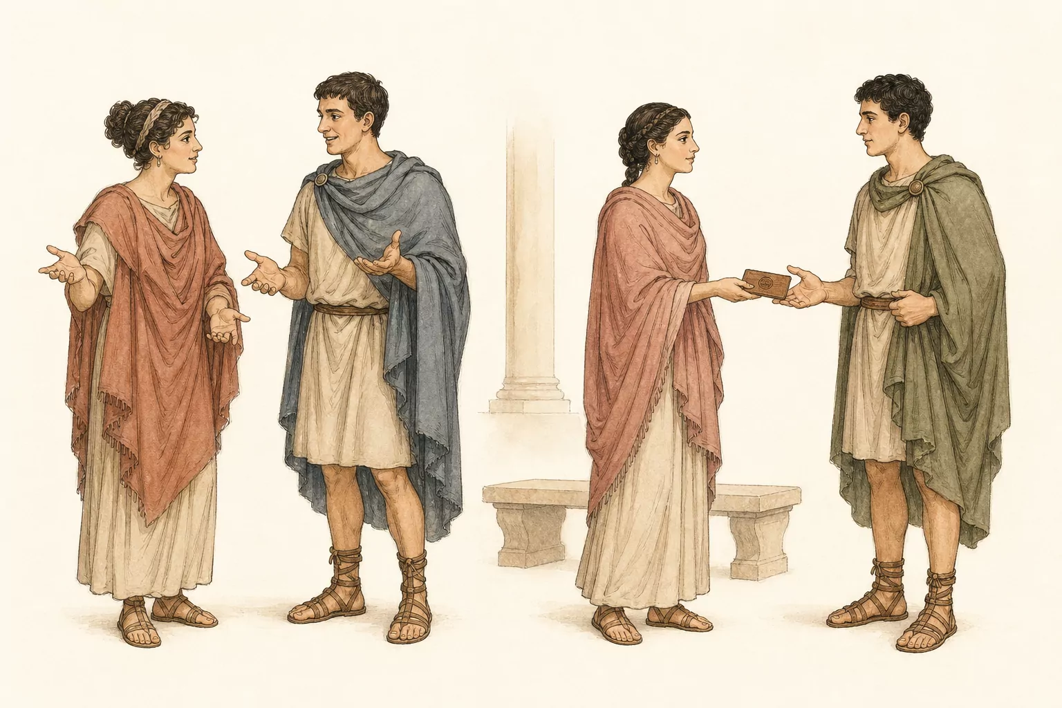 Valeria and Crispus debate with open gestures while Fabia and Marcellus exchange a small sealed tablet in the other half of the same Roman atrium.