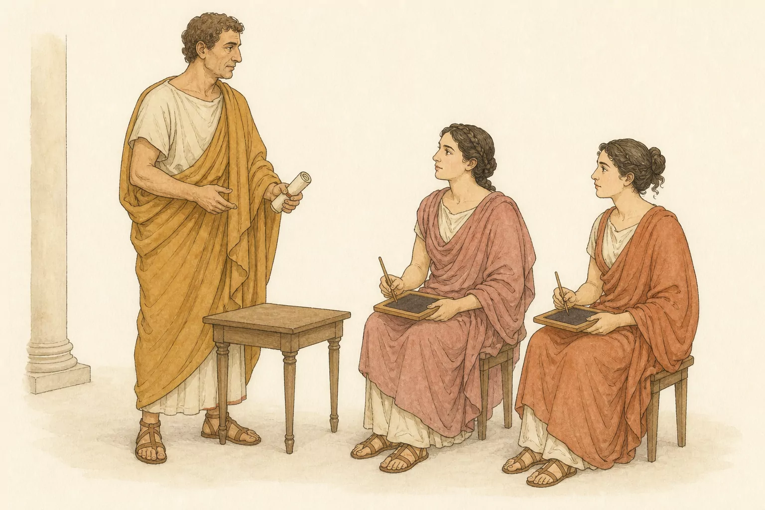 Artemidorus holds his unopened warning beside a low table while Fabia and Valeria sit with wax tablets and styli in a sparse Roman atrium.