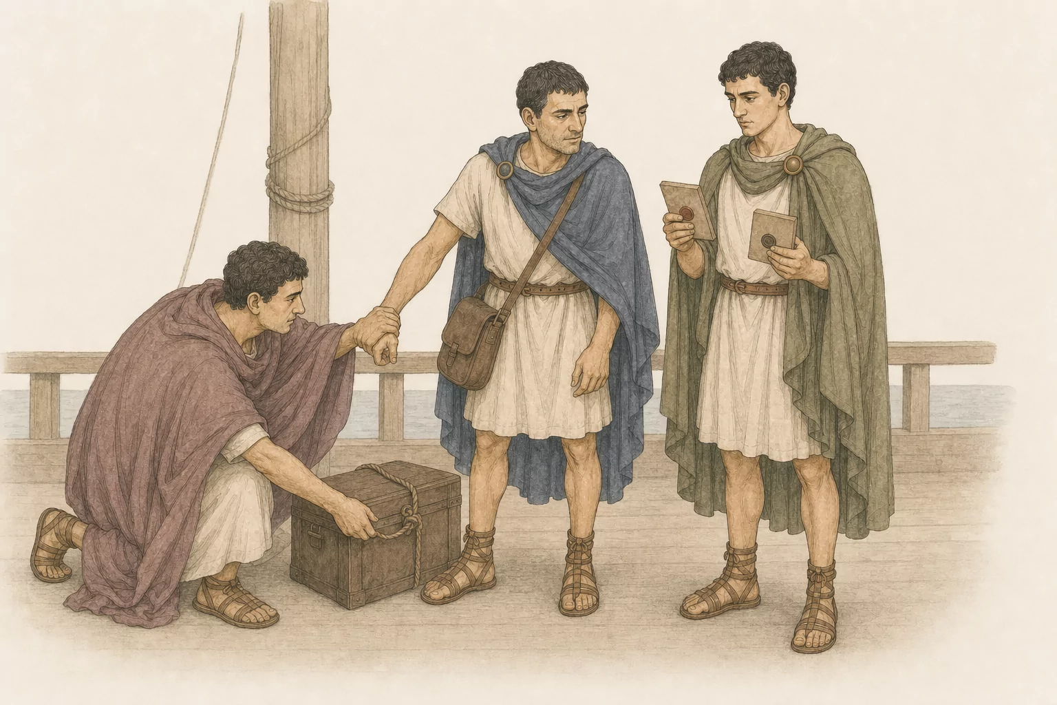 On a sparse merchant-ship deck, Rufinus’s client reaches toward the tied document chest while Crispus blocks him and Marcellus compares the two seal impressions.