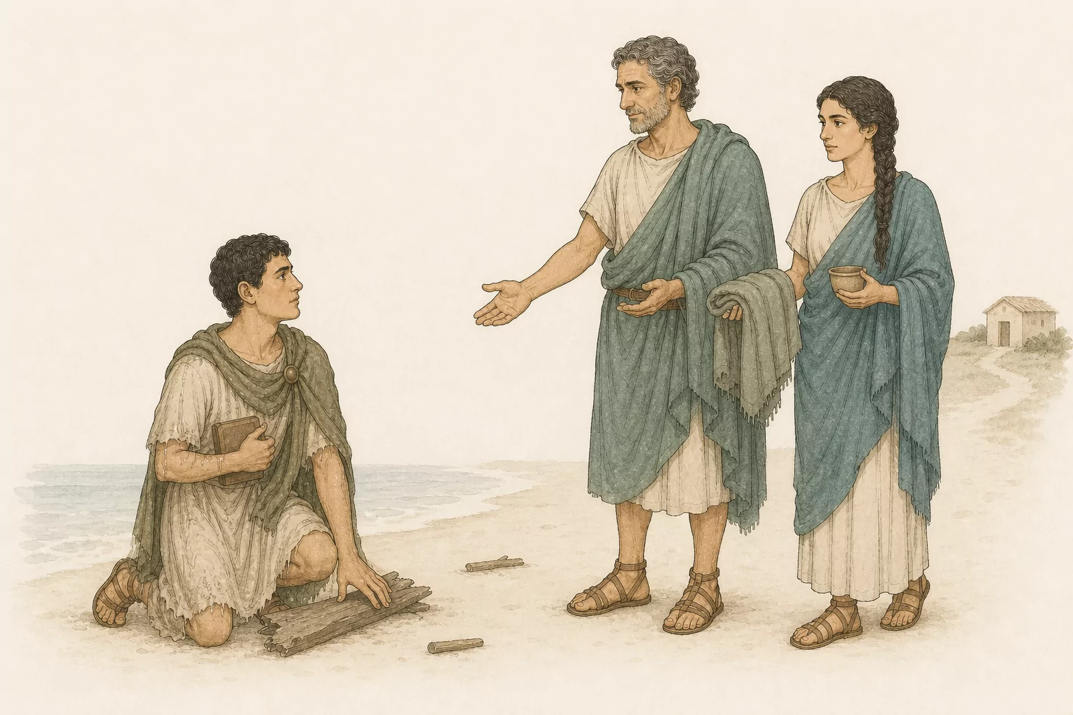 Marcellus kneels exhausted on an Aeolian beach as Serenus approaches with an open hand and a folded cloak while Marcia brings water.