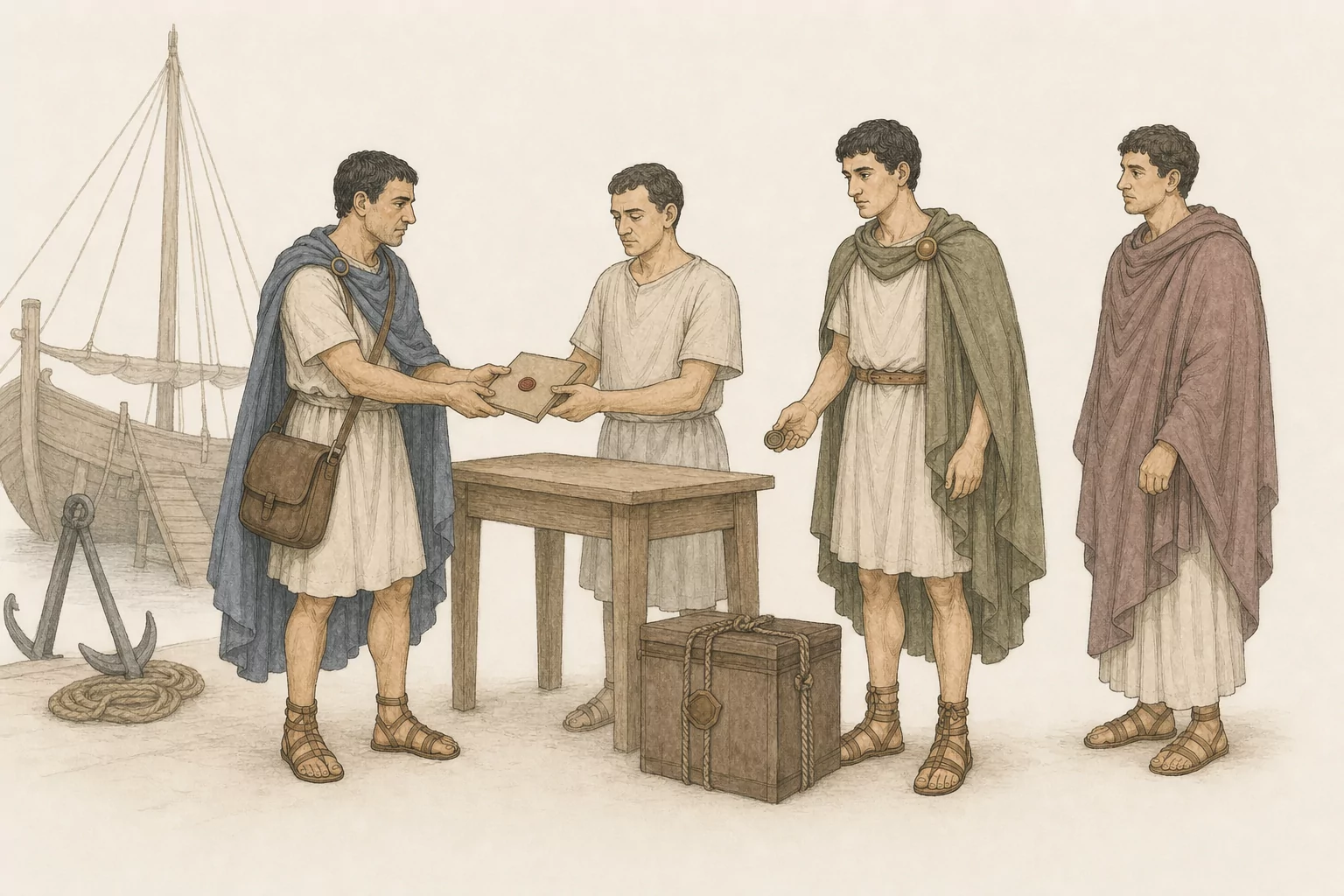 Crispus presents dispatches to an Ostian harbour official while Marcellus stands beside the sealed document chest and another passenger watches from the queue.