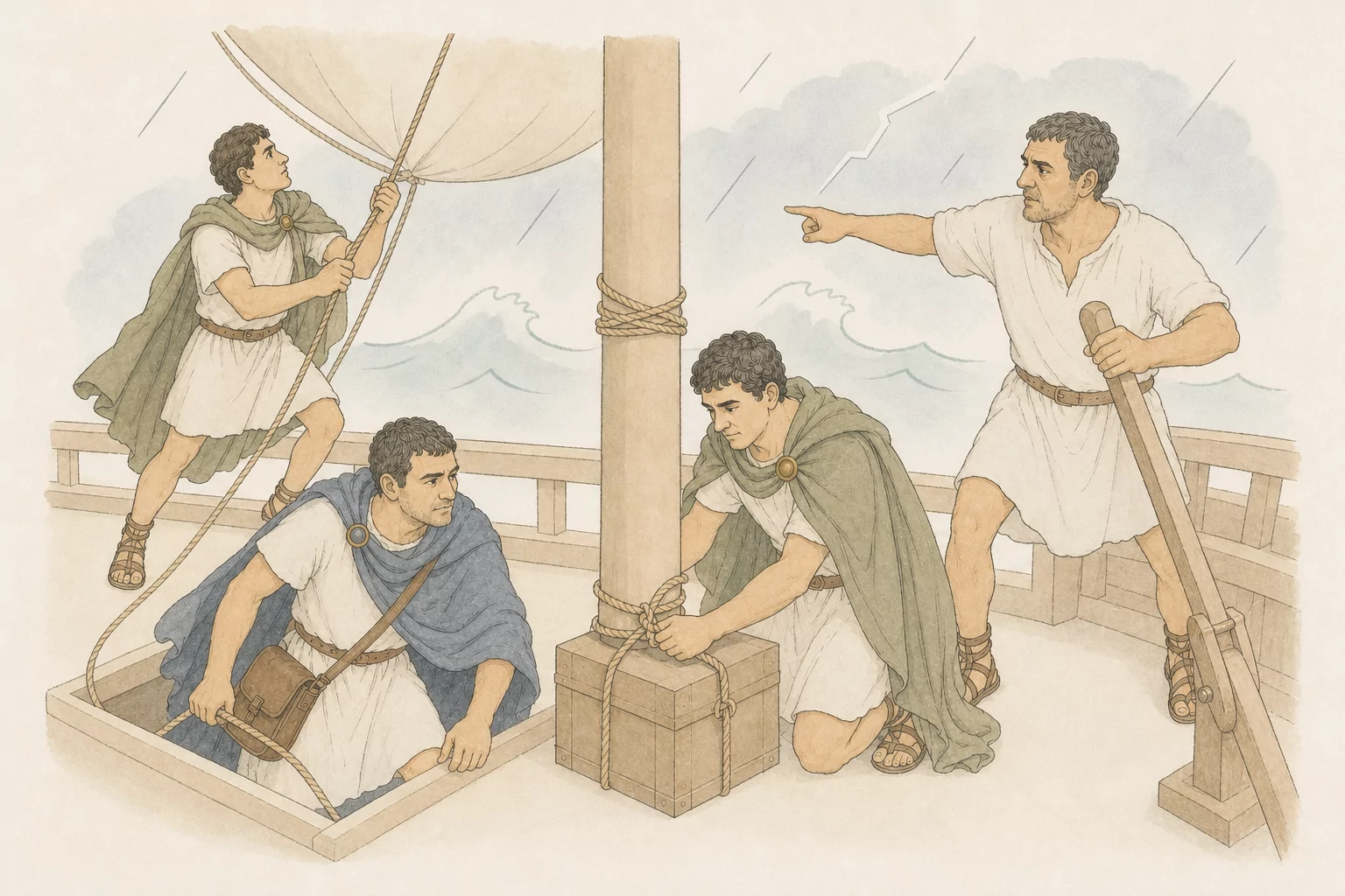 The pilot braces at the steering oar and points sailors toward ropes while Crispus emerges onto the rain-swept deck and Marcellus secures the document chest.