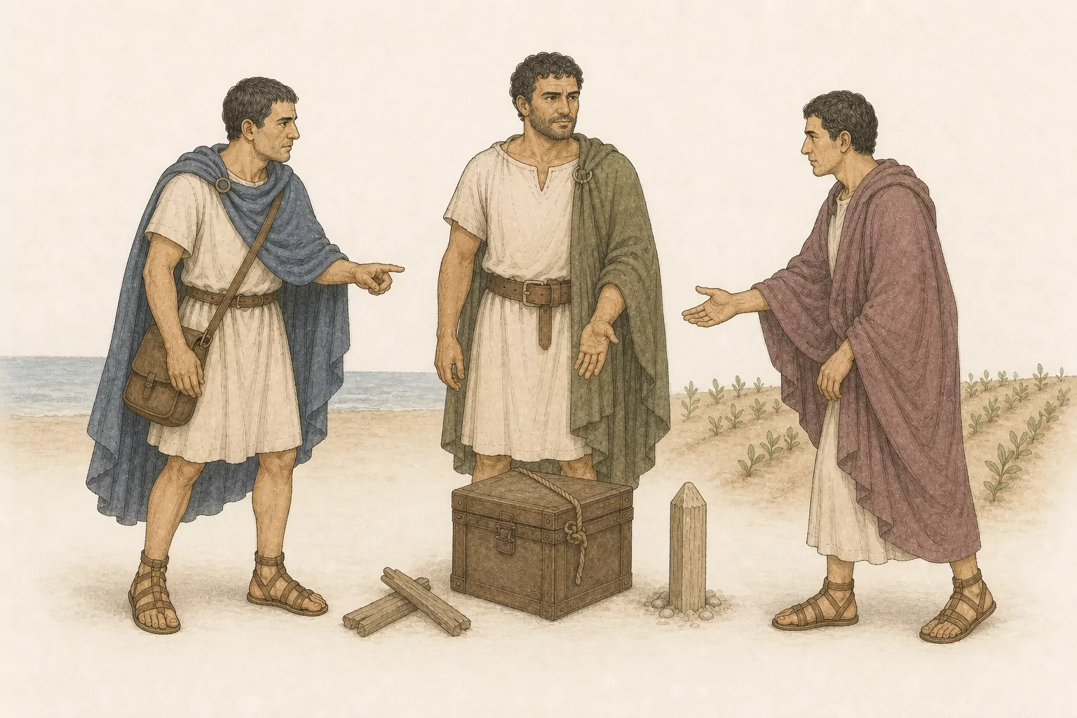 Silvanus stands beside the sealed document chest and a boundary marker while Crispus approaches and Rufinus’s client reaches from the opposite side.