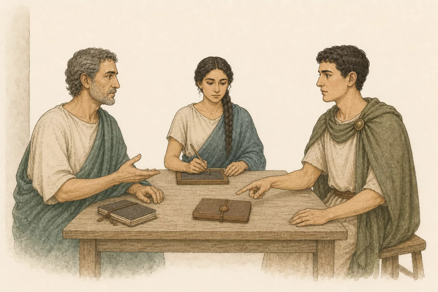 Serenus questions Marcellus across a low table while Marcia records the exchange on a blank wax tablet and the disputed sealed tablet lies between them.