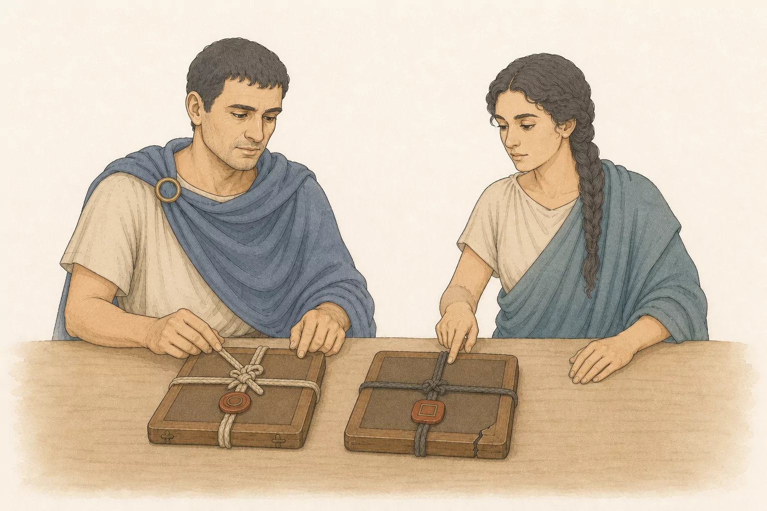Marcia and Crispus compare two closed wax tablets on a plain table, aligning their cords while pointing to different knots, seal impressions, and edge marks.