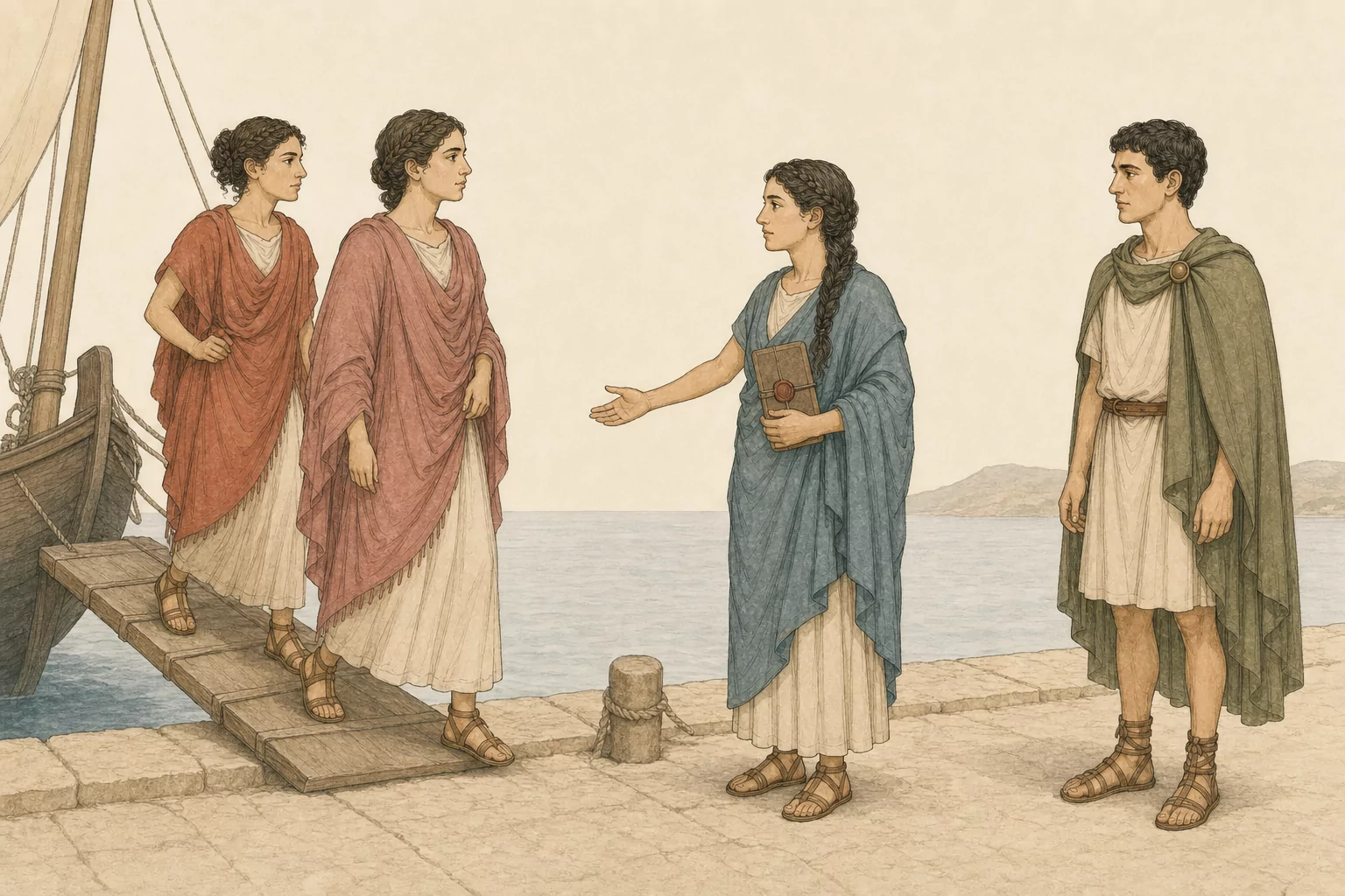 Fabia and Valeria descend from a newly arrived ship as Marcia welcomes them with a sealed record and Marcellus waits respectfully several steps away.