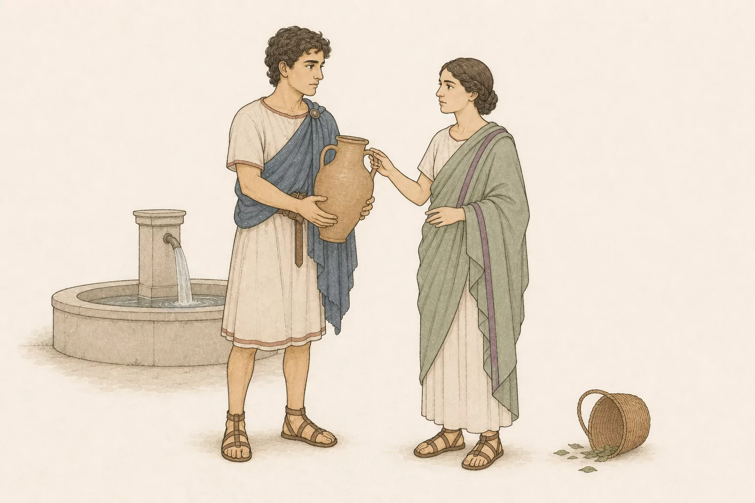 Florus holds Laelia’s intact amphora between them beside a public fountain after catching it before it fell.