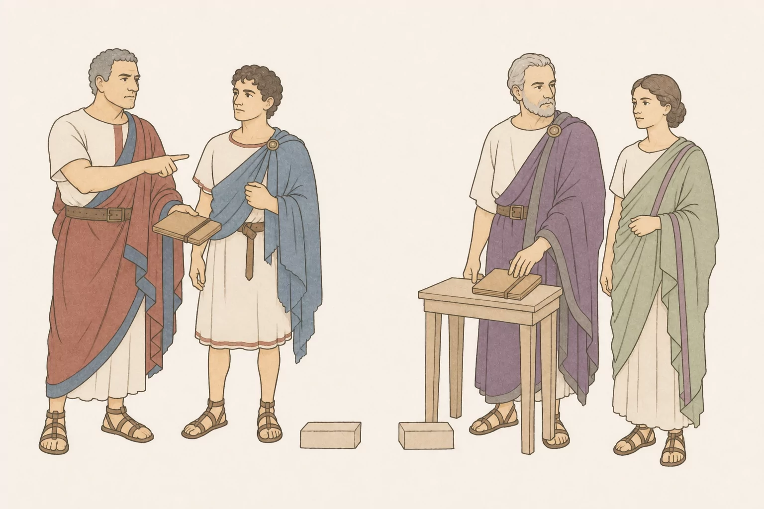 Corvinus instructs Florus over a blank tablet in one sparse atrium while Balbus instructs Laelia over another in a separate atrium.