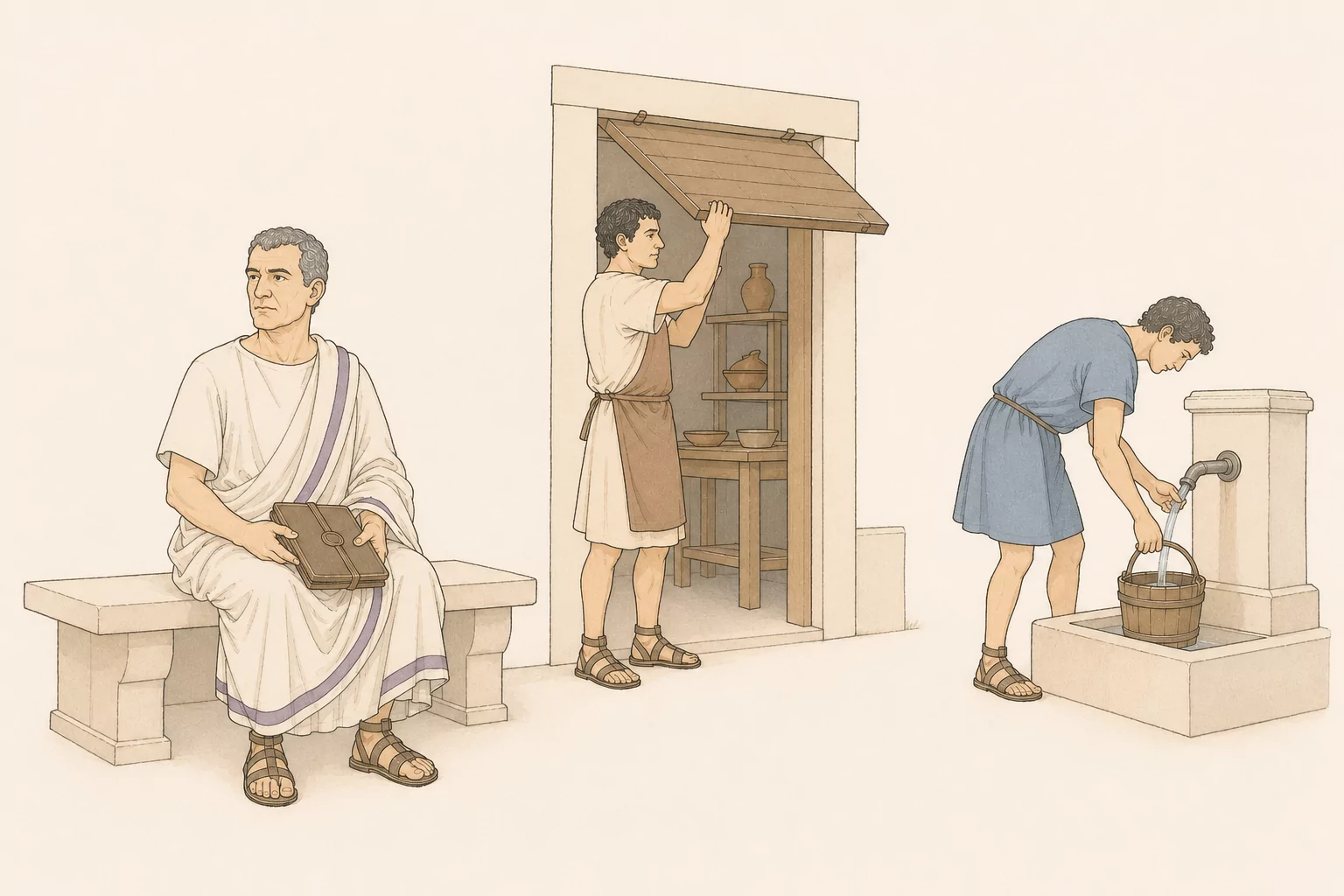 Flaccus hears a case at a low public bench while a craftsman opens a workshop and a water carrier fills a bucket at a fountain.