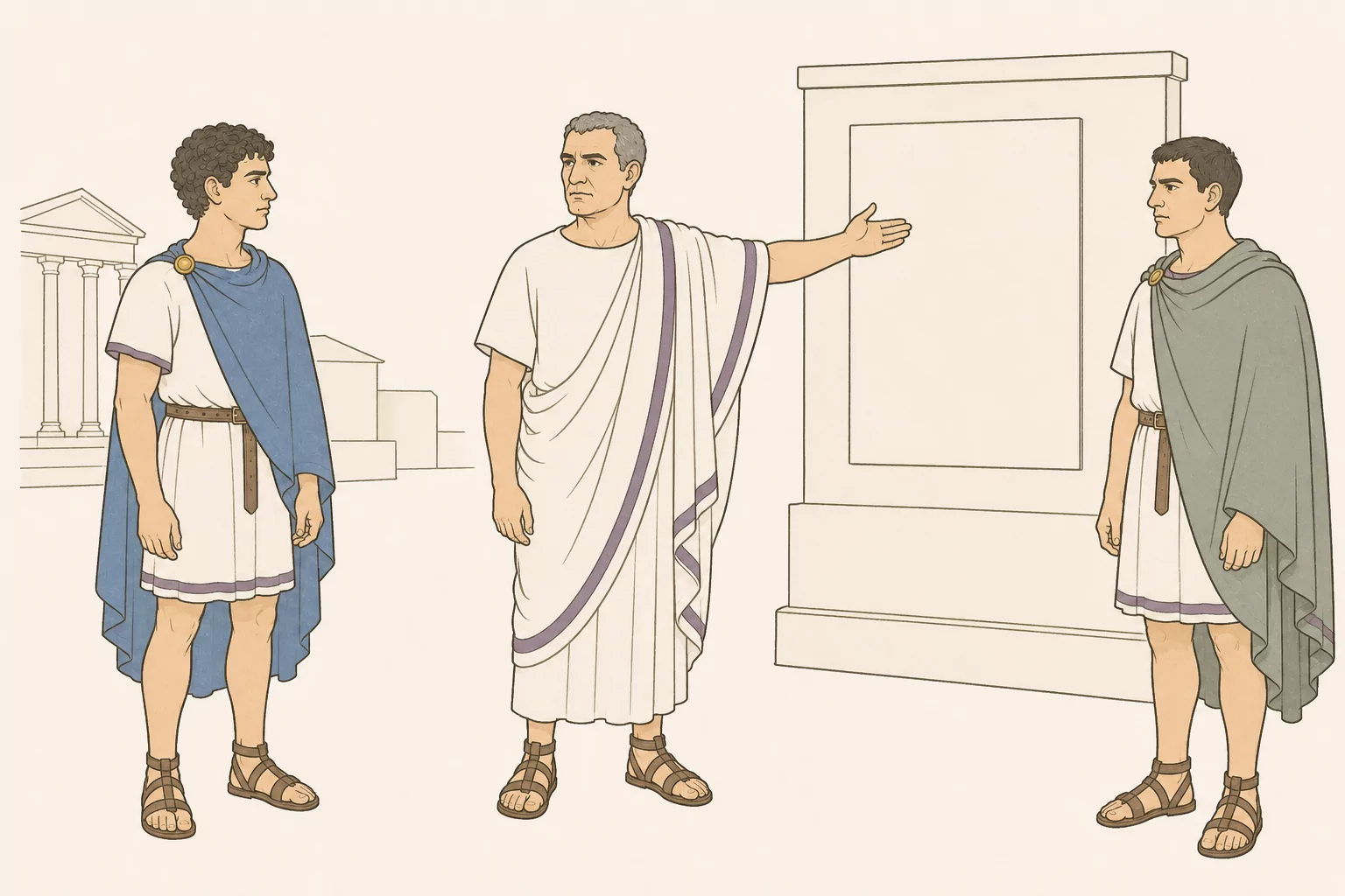Flaccus stands between Celer and Tarquinius and points to a blank posted edict while both young men remain separated and unarmed.