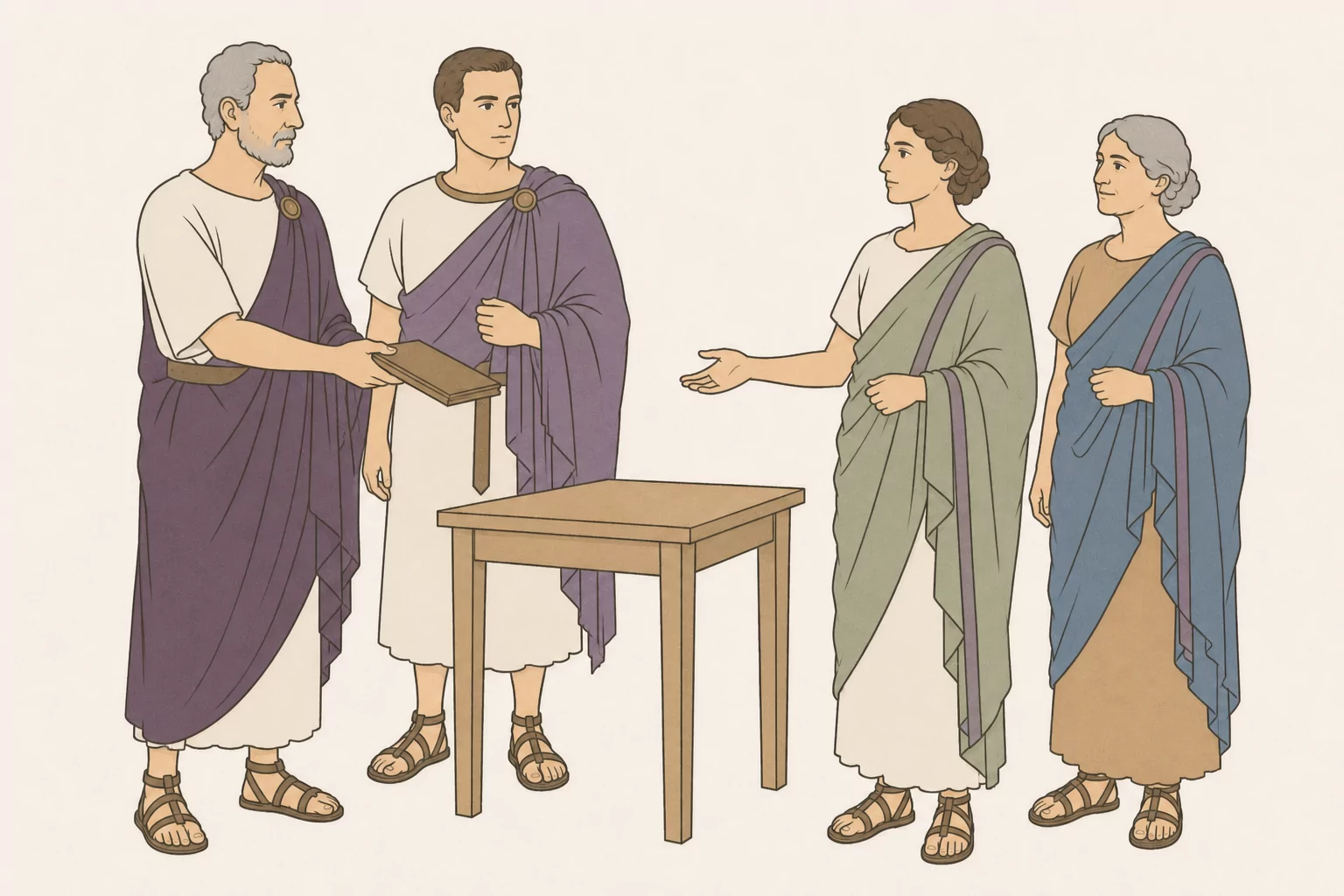 Balbus presents a closed marriage agreement beside Vibianus while Laelia answers firmly and Sabina stands supportively at her side.