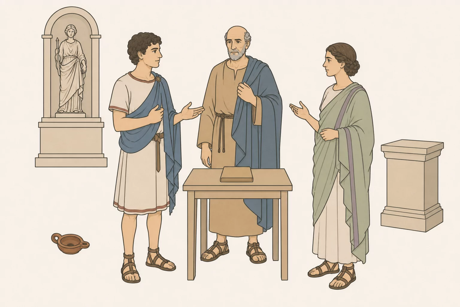 Florus and Laelia state their agreement before Serranus at the small shrine of Concordia, with one closed tablet and lamp between them.