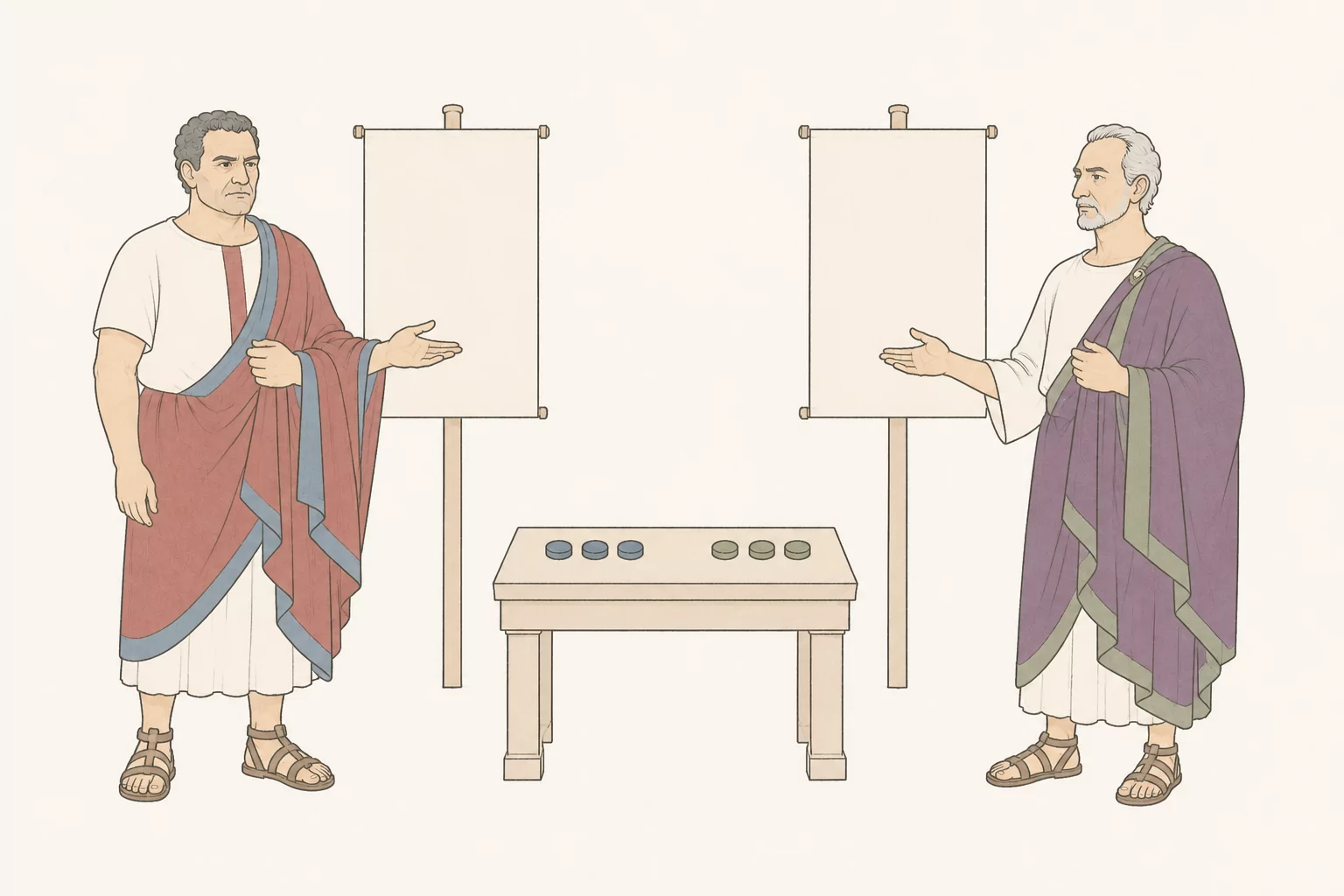 Corvinus and Balbus present rival promises beside two blank public notices while voting stones rest on a small civic table between them.