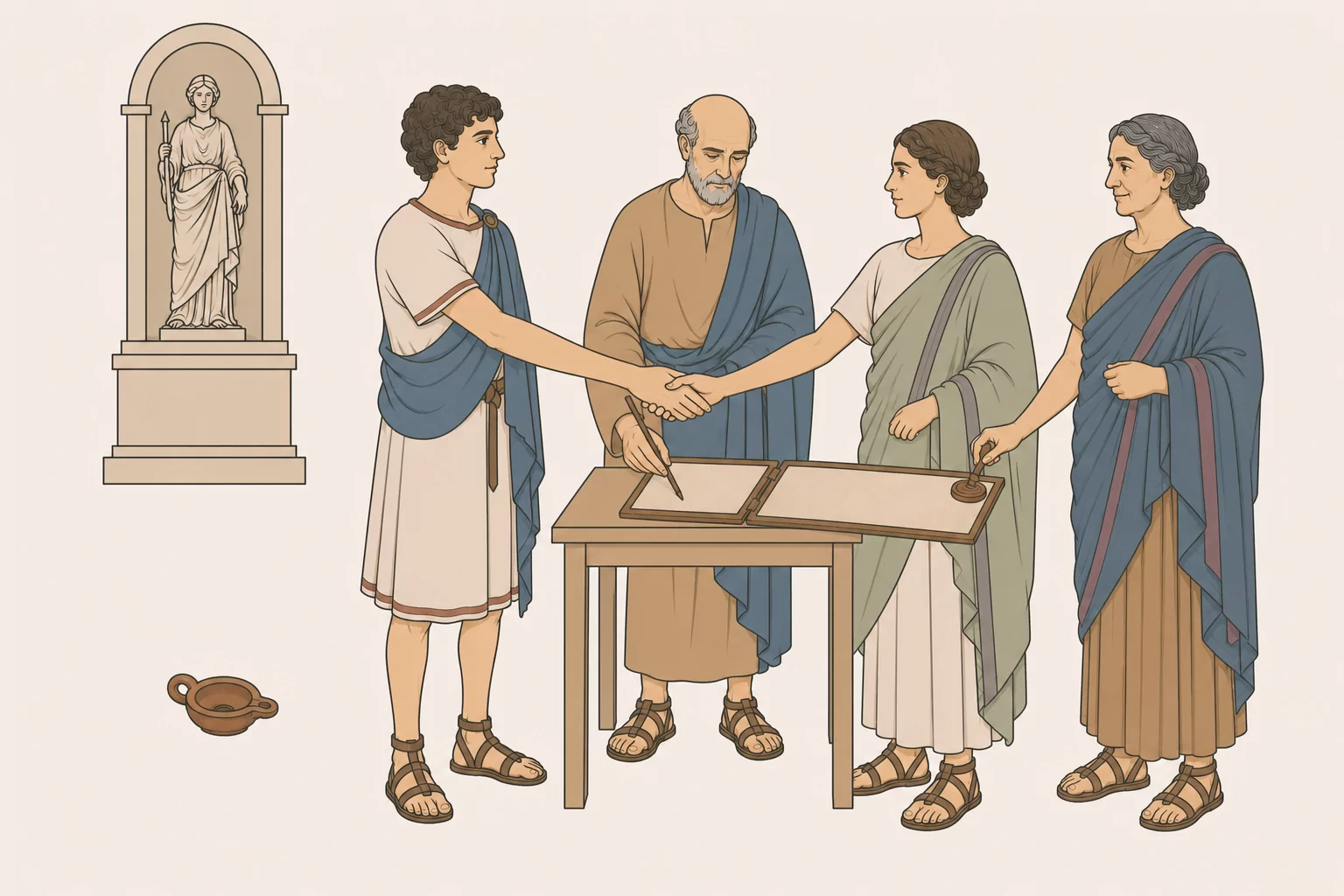 At dawn Florus and Laelia join right hands after declaring consent while Serranus records their words and Sabina witnesses beside a small lamp.