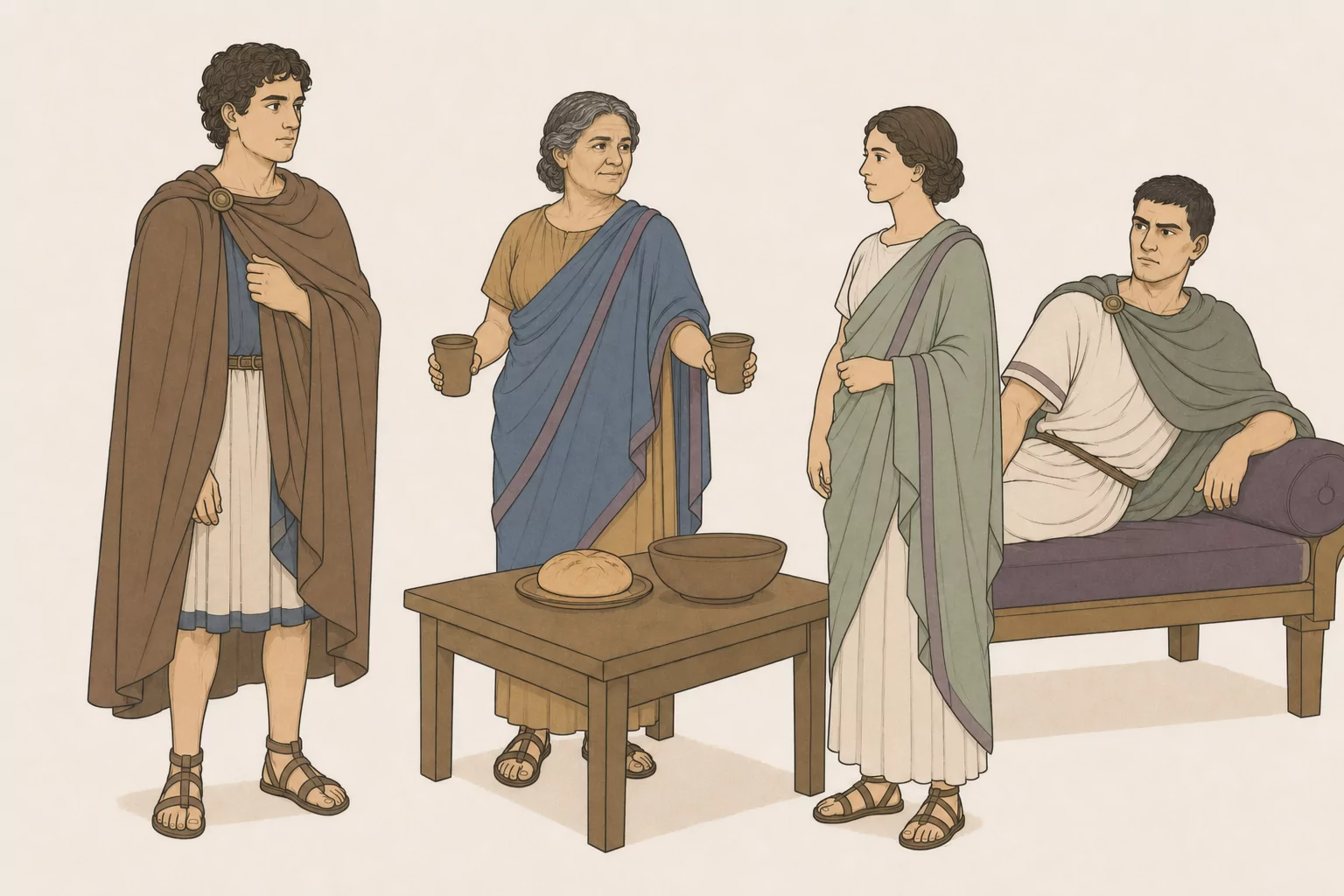 Florus, wearing a plain client cloak, exchanges a quiet look with Laelia while Sabina serves cups and Tarquinius watches from the banquet couches.
