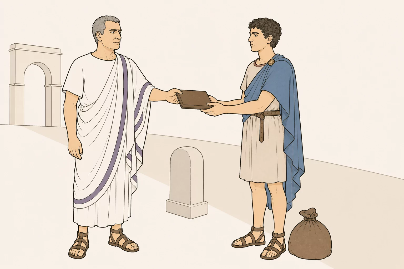At Verona’s boundary Flaccus gives Florus a closed exile order while the unarmed young man prepares to depart alone.