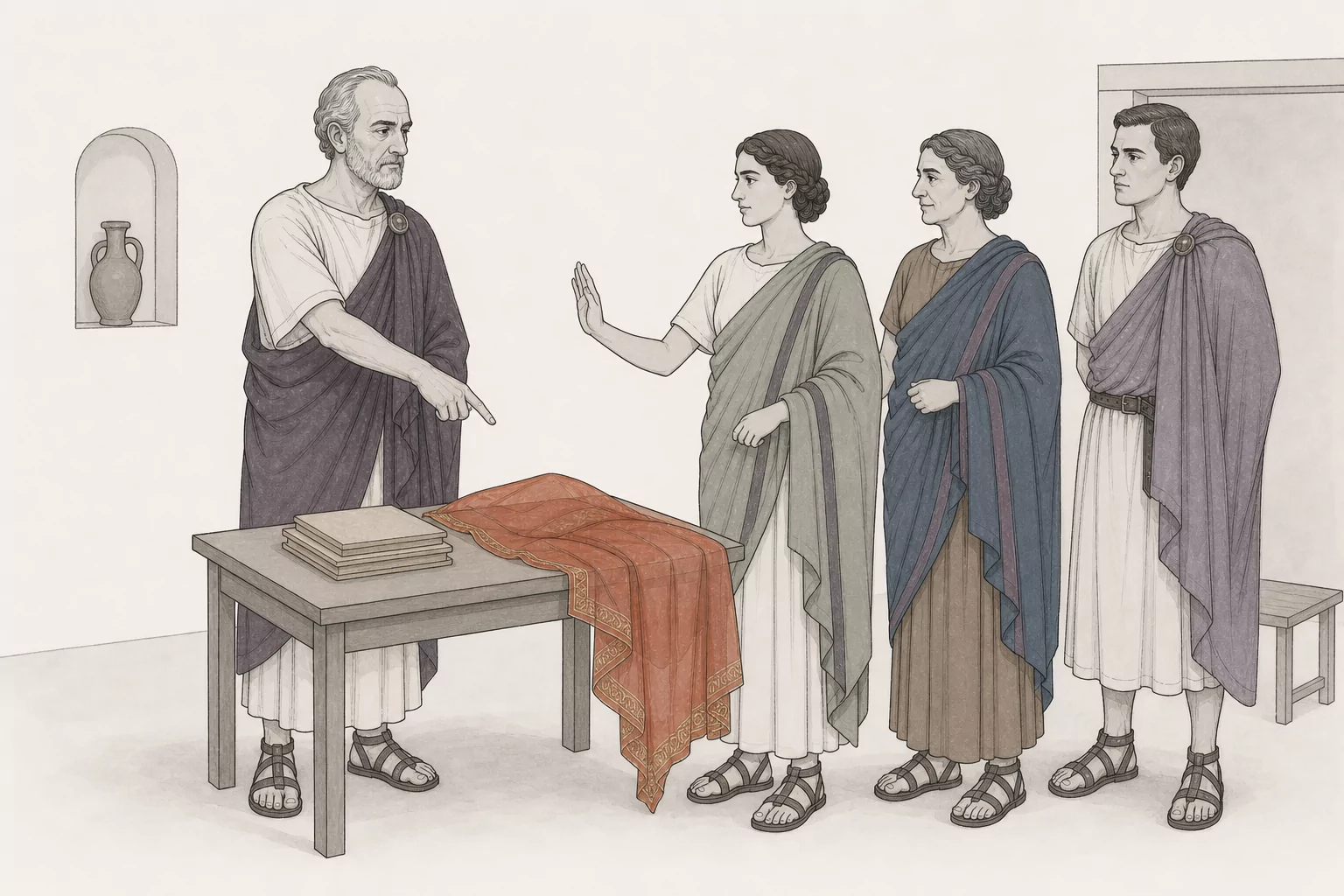 Balbus points to a bridal veil and blank invitations while Laelia refuses, Sabina supports her and Vibianus stands apart without celebrating.