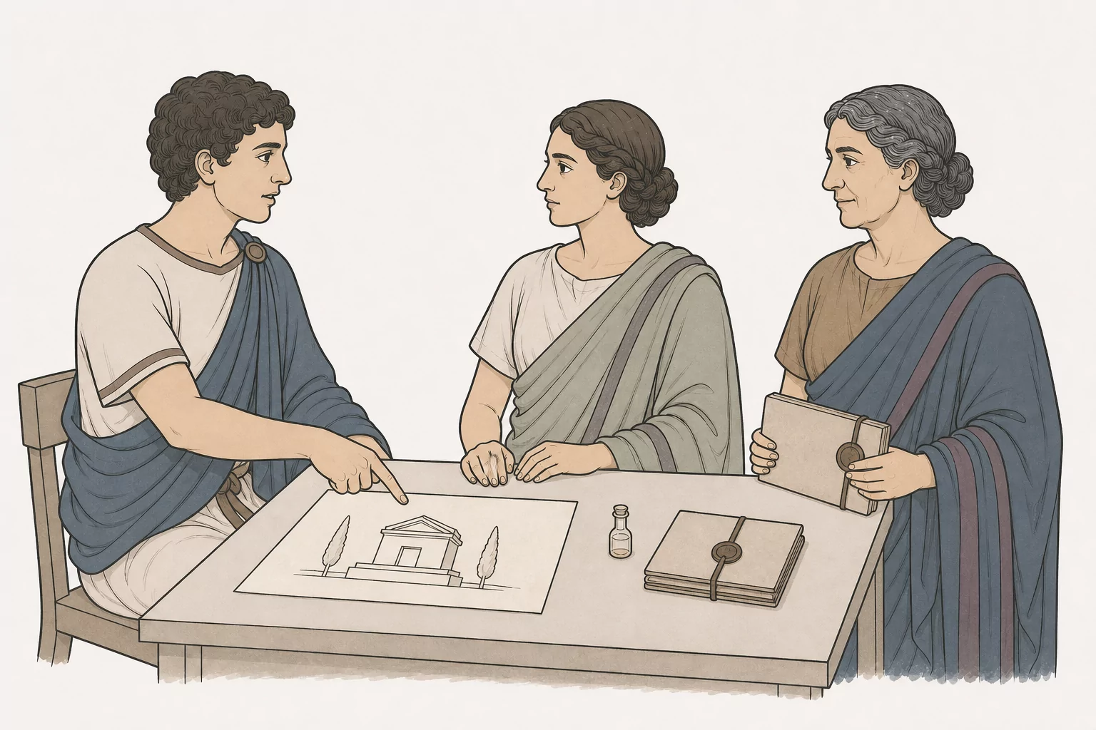 Serranus explains a sleeping draught, a sealed letter and a small tomb plan to Laelia and Sabina at a plain table.