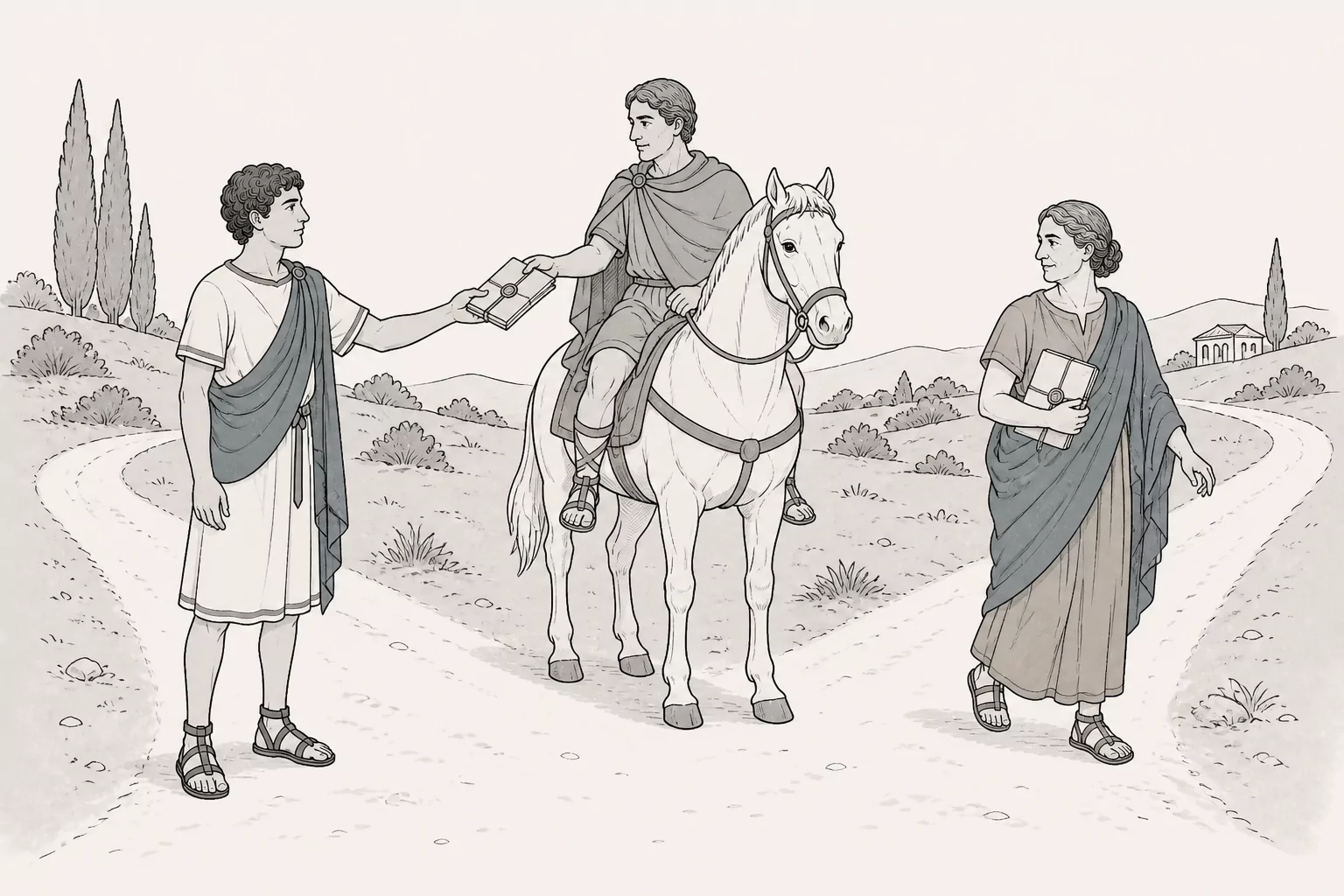 Serranus entrusts one sealed tablet to a mounted courier and another to Sabina as two roads divide beyond the shrine.