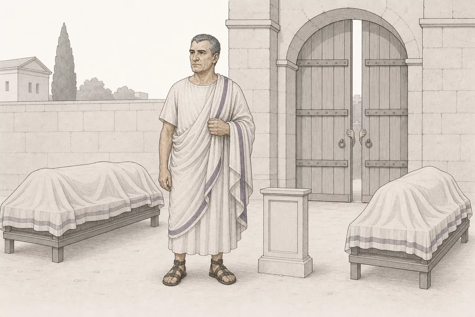 Flaccus stands beside a blank decree between two covered funeral biers while a city gate closes behind him.