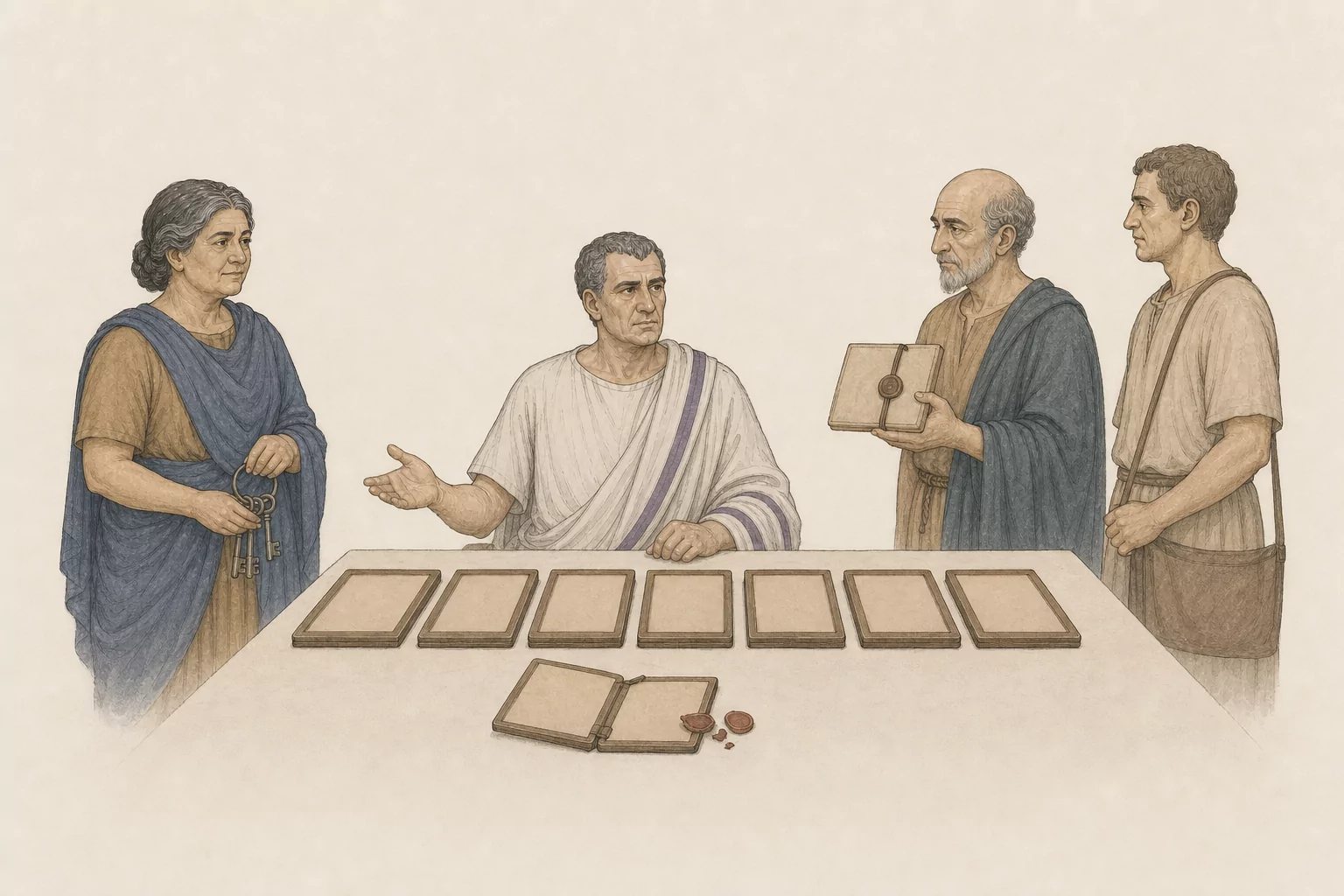 Flaccus conducts a municipal inquest with Sabina, Serranus and the detained courier positioned separately beside an ordered row of blank tablets.