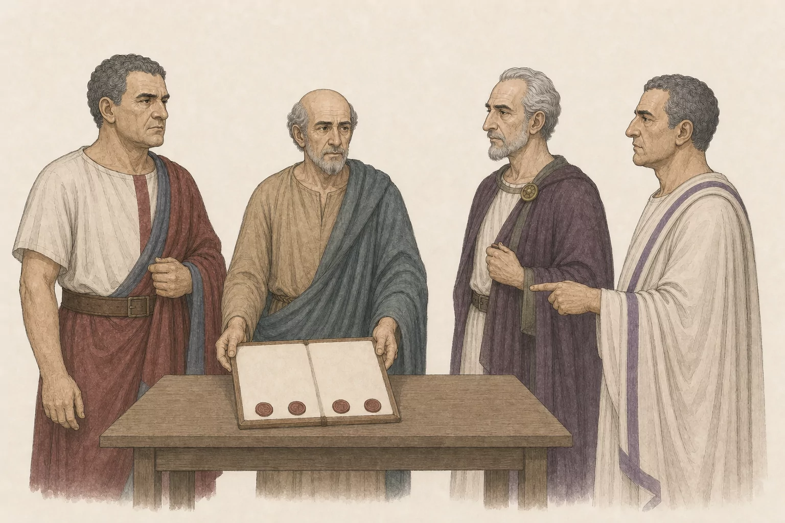 Before Flaccus, Corvinus and Balbus face one another while Serranus presents the authenticated marriage record on a plain table.