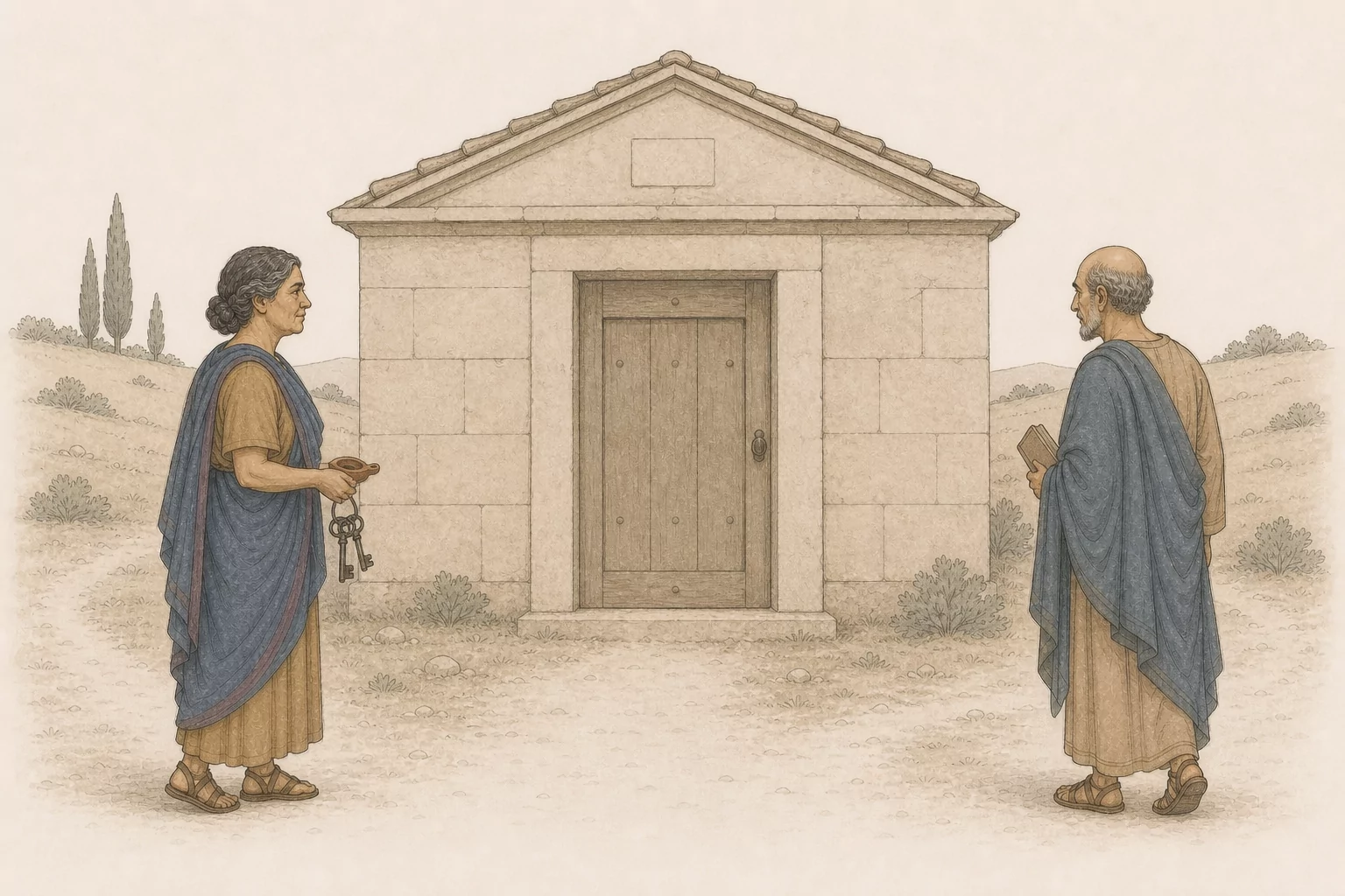 Outside the closed family tomb at dawn, Sabina and Serranus stand on opposite sides with a lamp, keys and the undelivered sealed tablet.