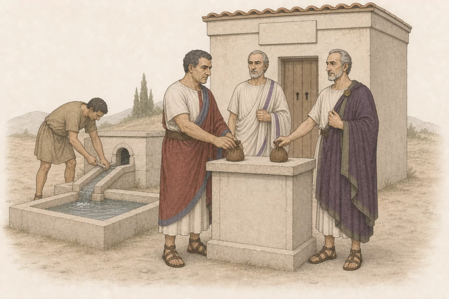 Corvinus and Balbus contribute beside Flaccus while an anonymous builder completes a shared public water basin and document room.
